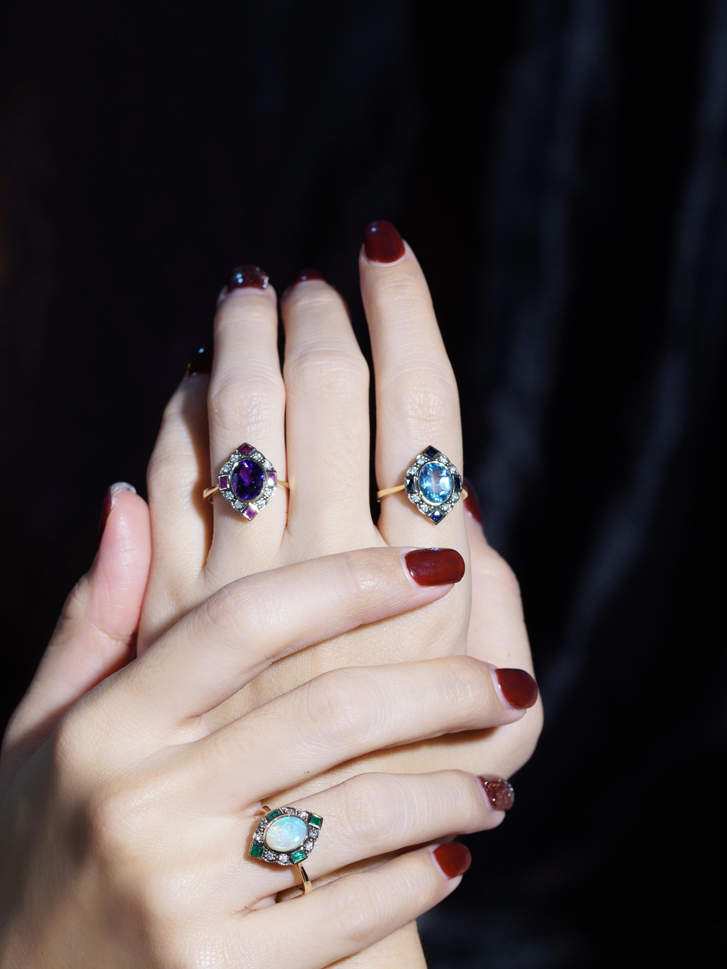 Taille ovale Bague Halo en or jaune 14K avec améthyste, rubis et diamant de style Art Déco en vente