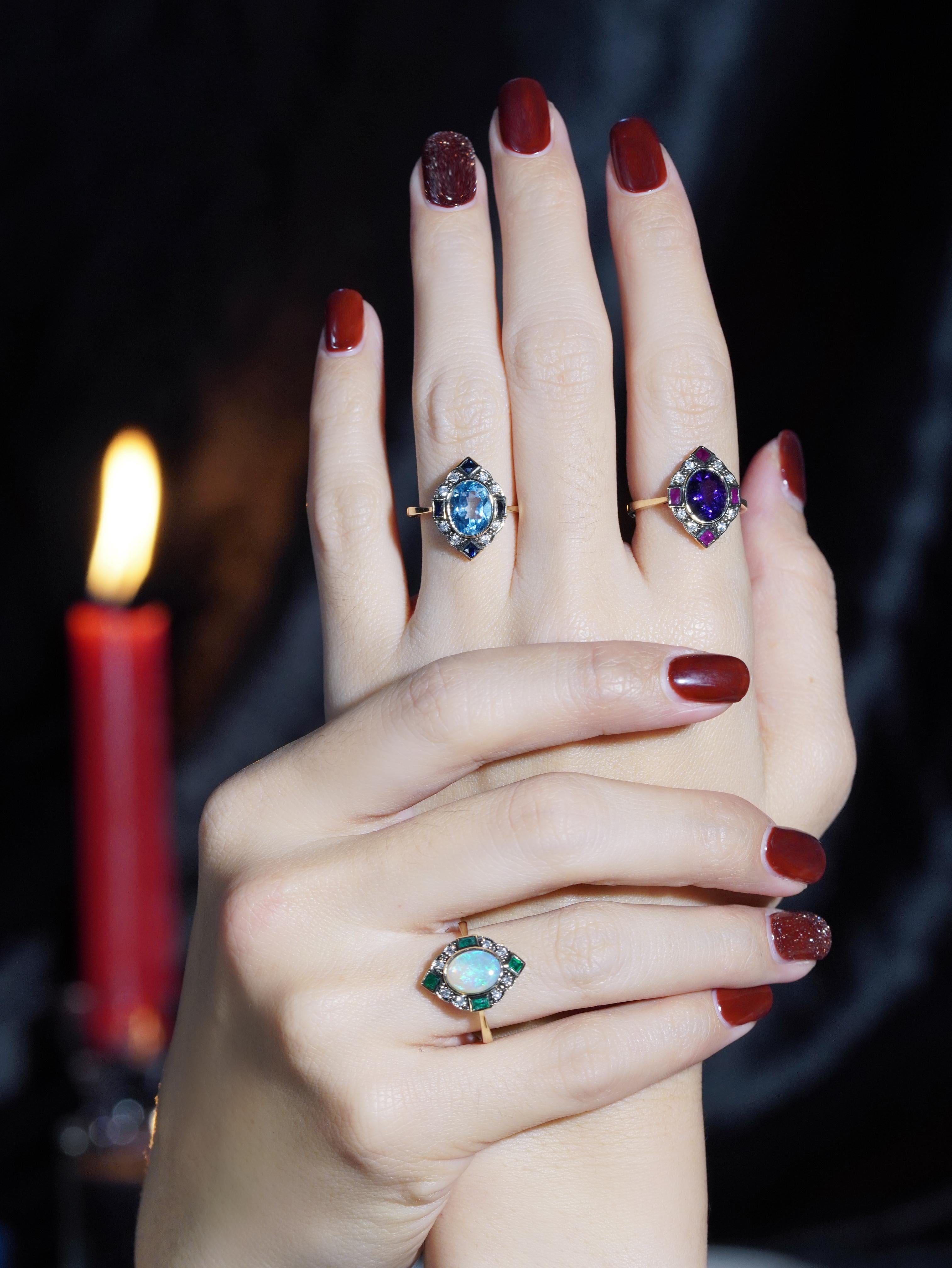 Bague Halo en or jaune 14K avec améthyste, rubis et diamant de style Art Déco Neuf - En vente à Bangkok, TH