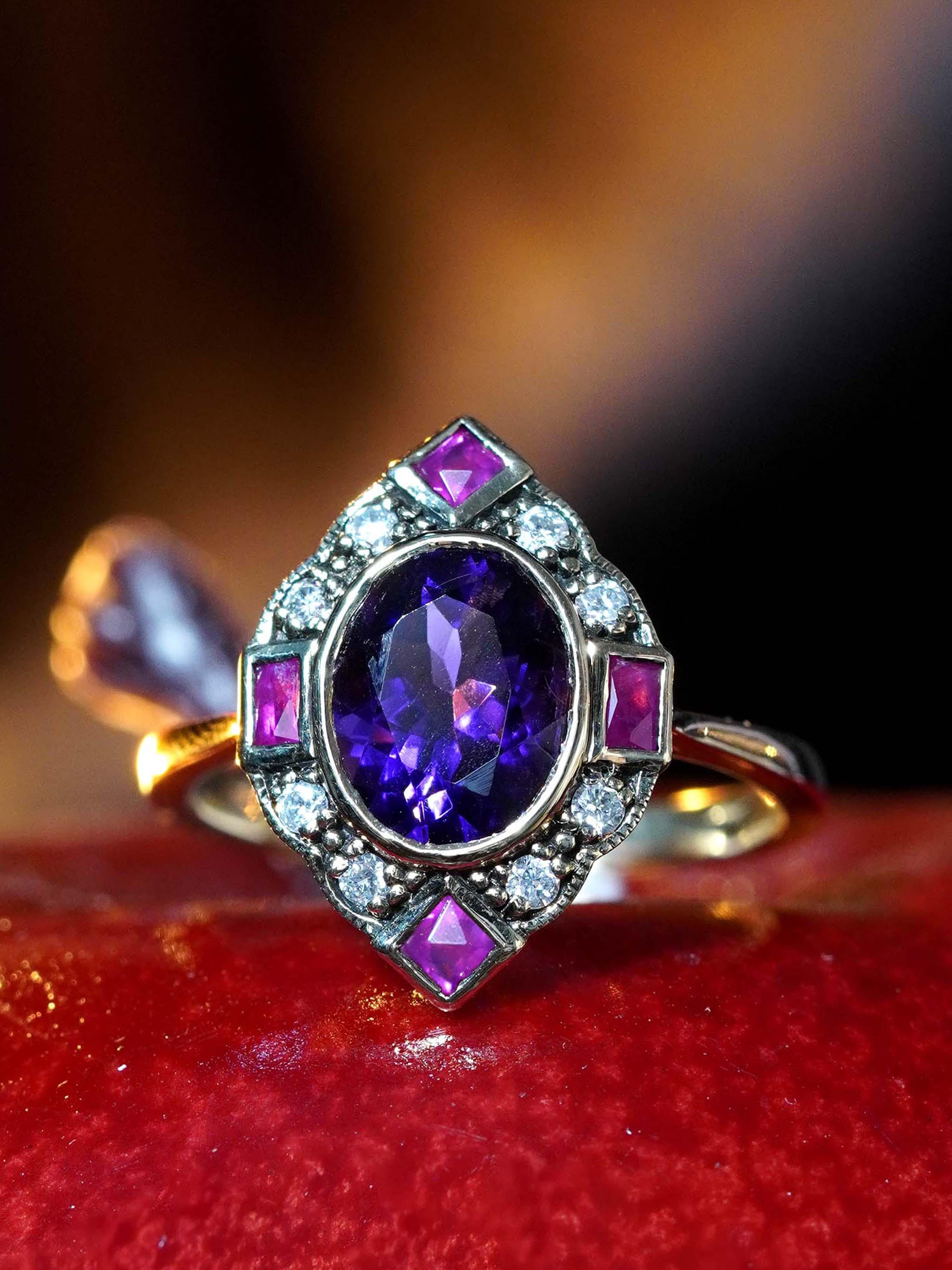 Bague Halo en or jaune 14K avec améthyste, rubis et diamant de style Art Déco en vente 1
