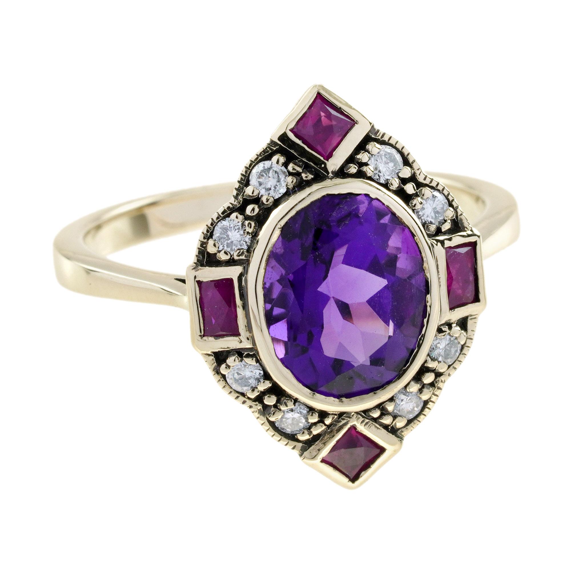 Bague Halo en or jaune 14K avec améthyste, rubis et diamant de style Art Déco en vente 2