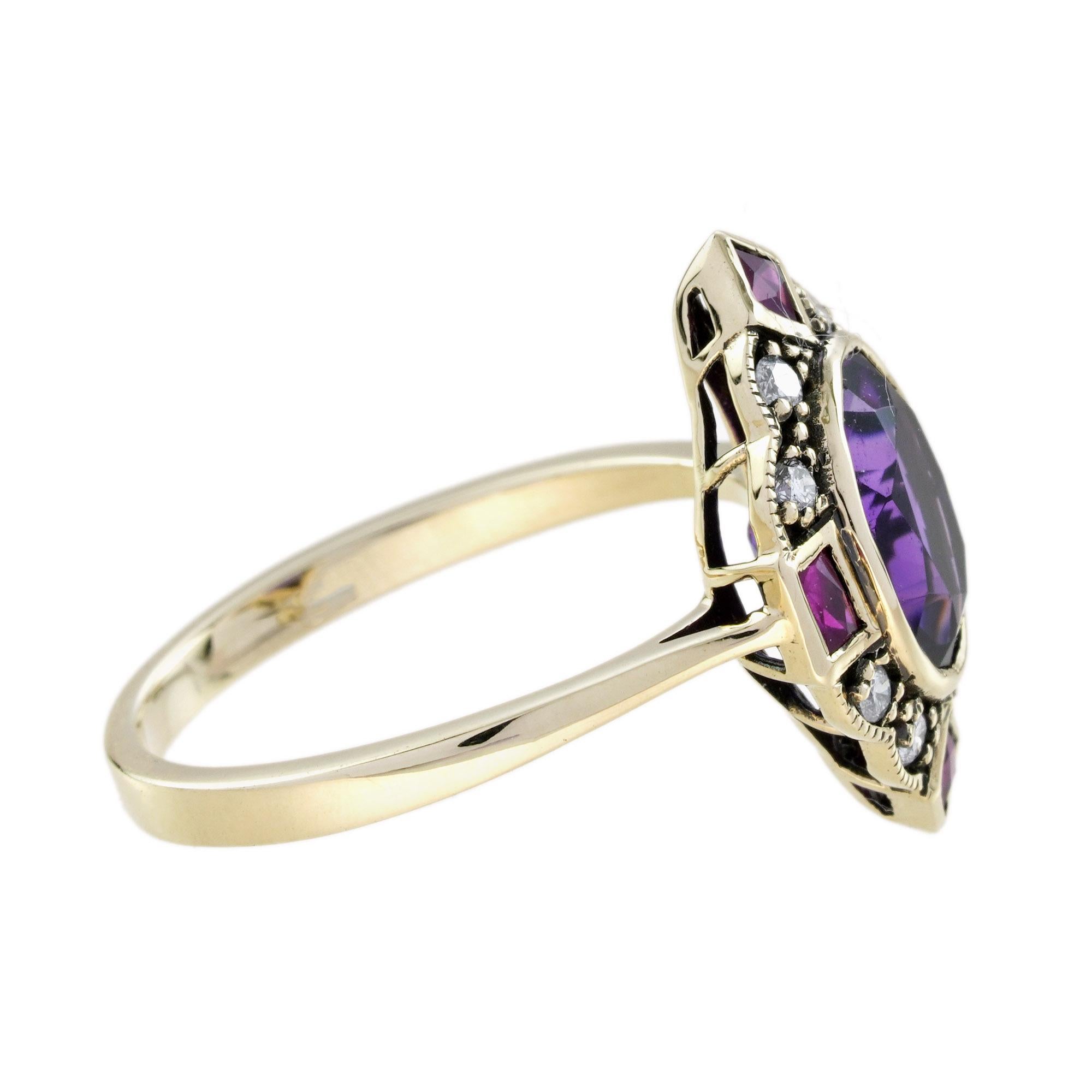 Bague Halo en or jaune 14K avec améthyste, rubis et diamant de style Art Déco en vente 3