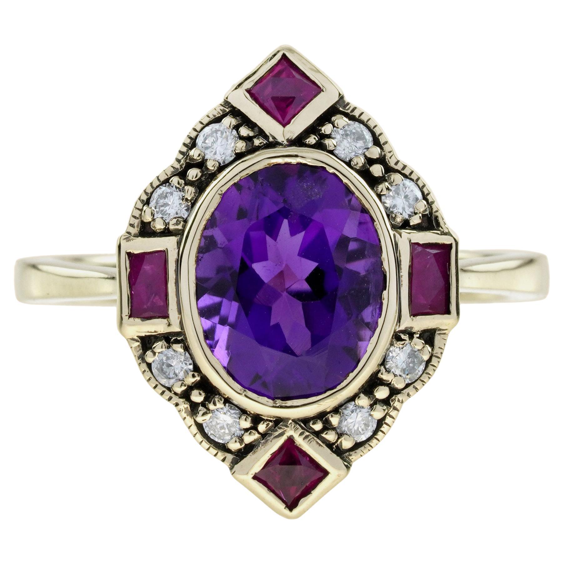 Bague Halo en or jaune 14K avec améthyste, rubis et diamant de style Art Déco en vente