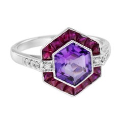 Amethyst Ruby and Diamond Art Deco Style Hexagon Target Ring in 14K White Gold