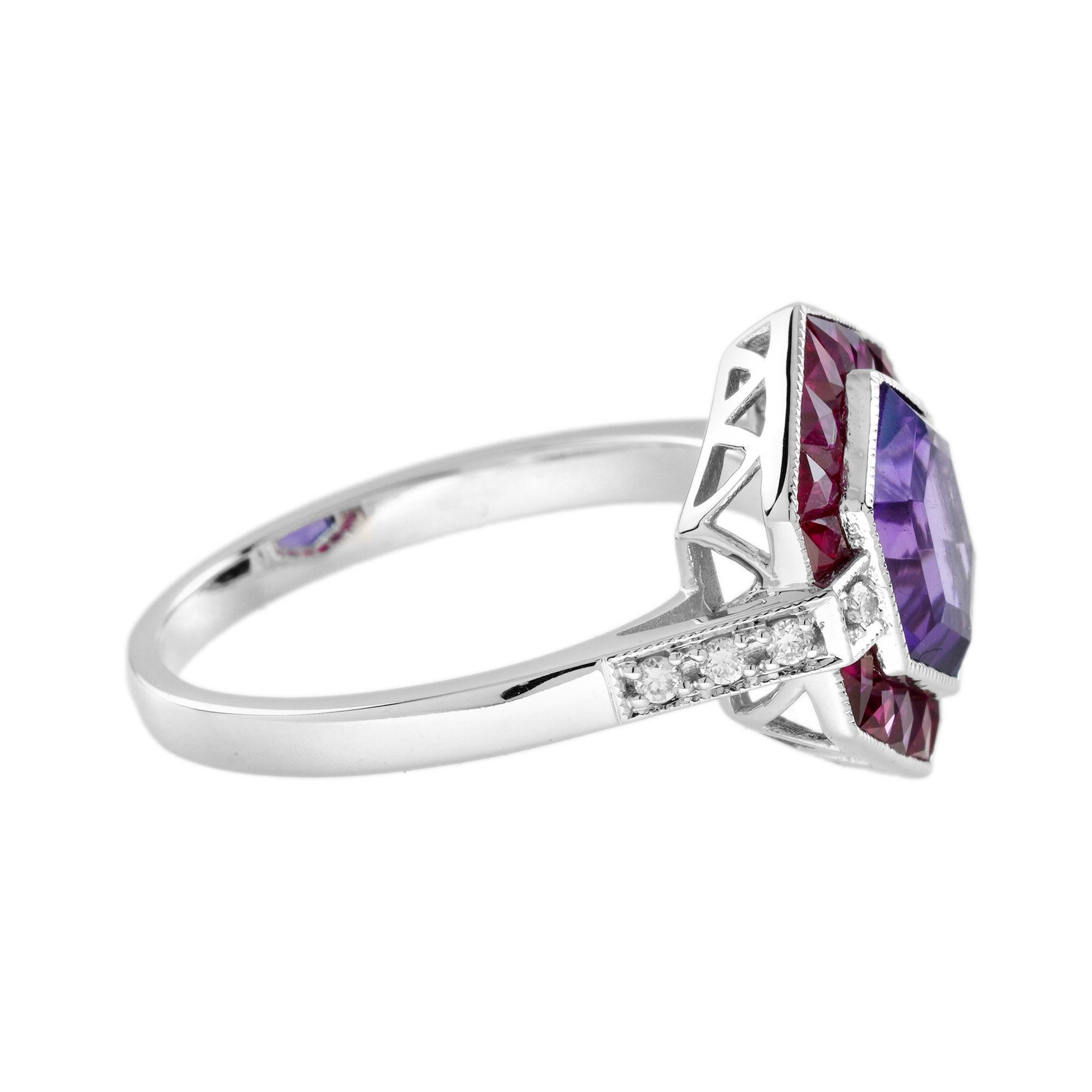 Art Déco Anello con rubino, ametista e diamante in stile Art Deco con bersaglio esagonale in oro bianco 14 carati in vendita