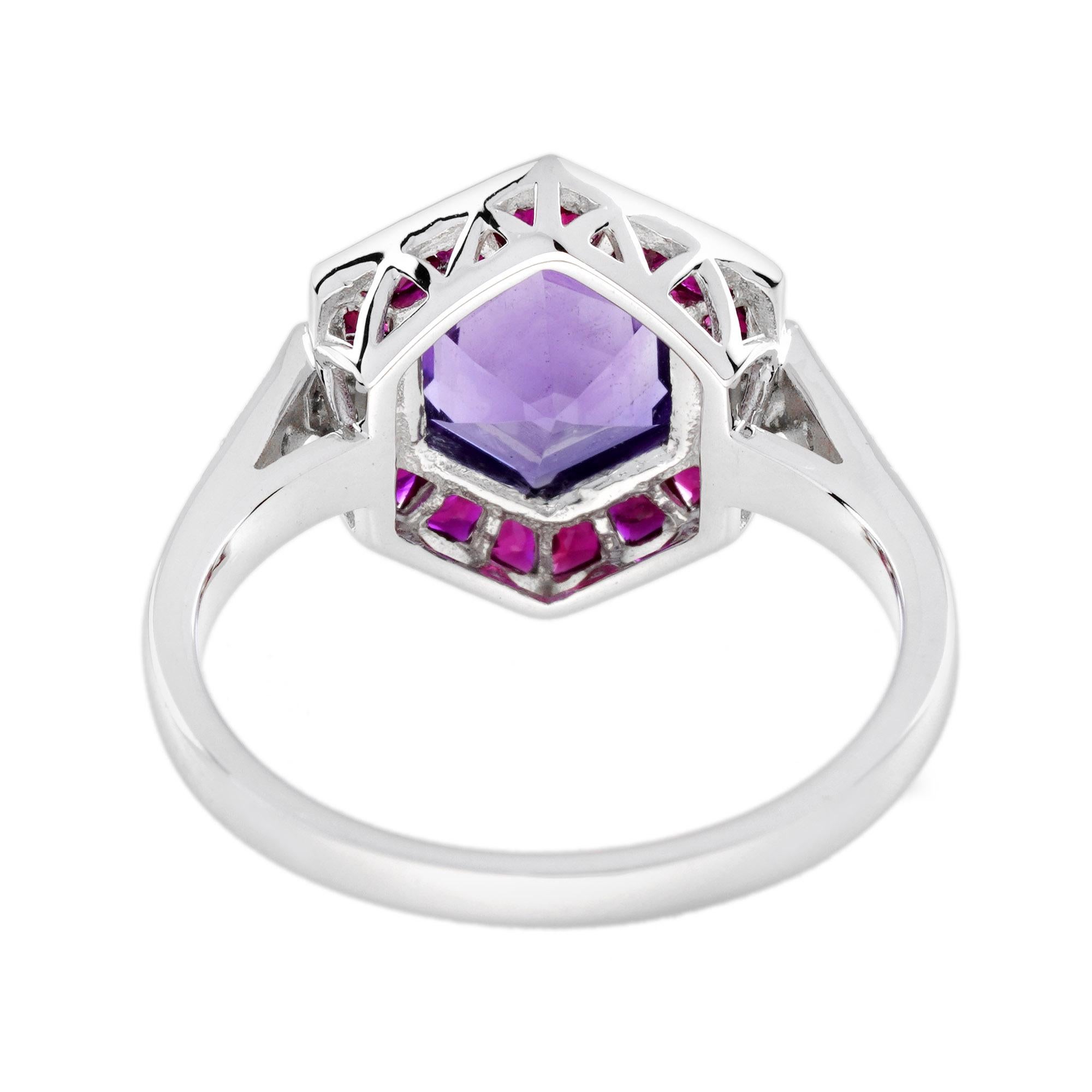 Esagono Anello con rubino, ametista e diamante in stile Art Deco con bersaglio esagonale in oro bianco 14 carati in vendita