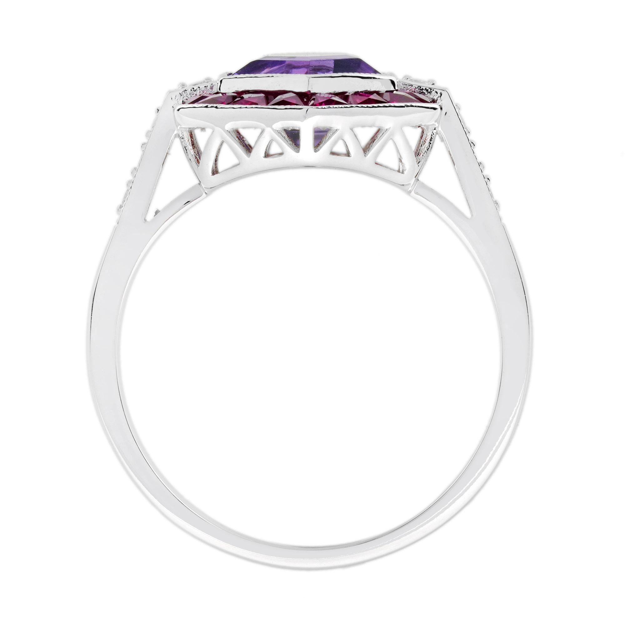 Anello con rubino, ametista e diamante in stile Art Deco con bersaglio esagonale in oro bianco 14 carati In condizioni Nuovo in vendita a Bangkok, TH
