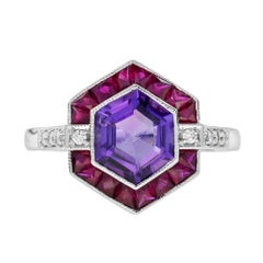Amethyst Ruby and Diamond Art Deco Style Hexagon Target Ring in 14K White Gold