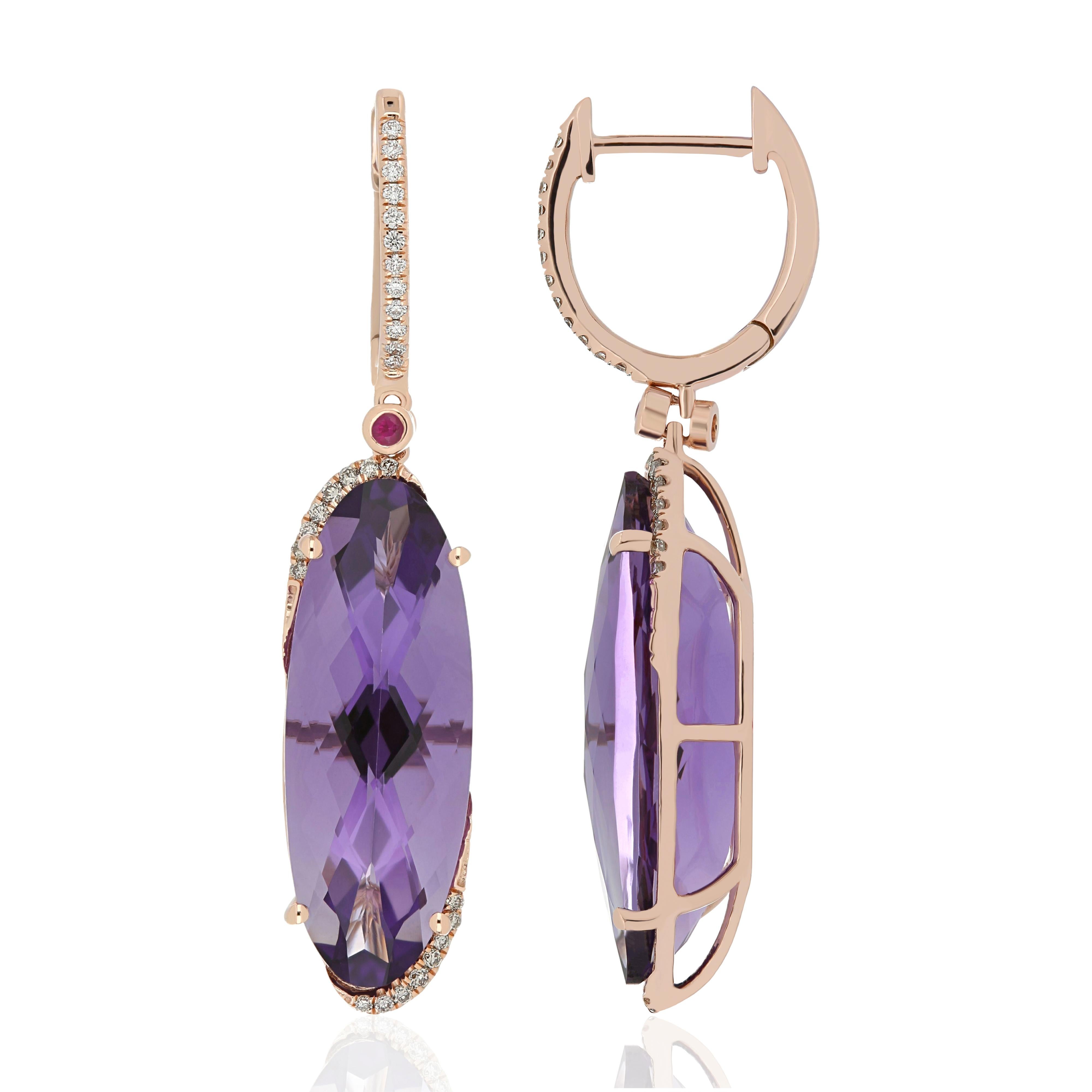 Oval Cut Amethyst, Ruby and Diamond Studded Earring 14 Karat Yellow Gold For Sale