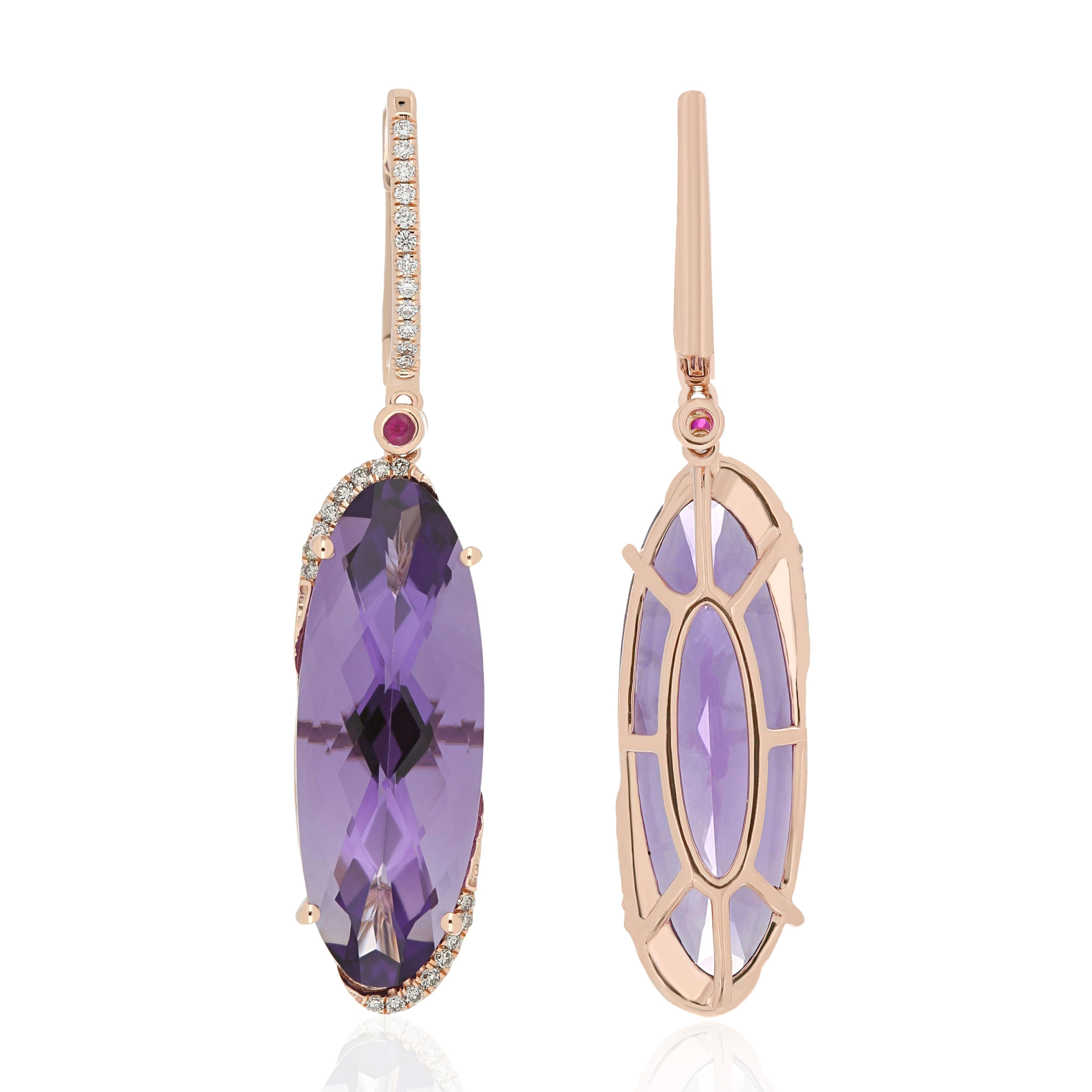 Amethyst, Ruby and Diamond Studded Earring 14 Karat Yellow Gold In New Condition For Sale In JAIPUR, IN