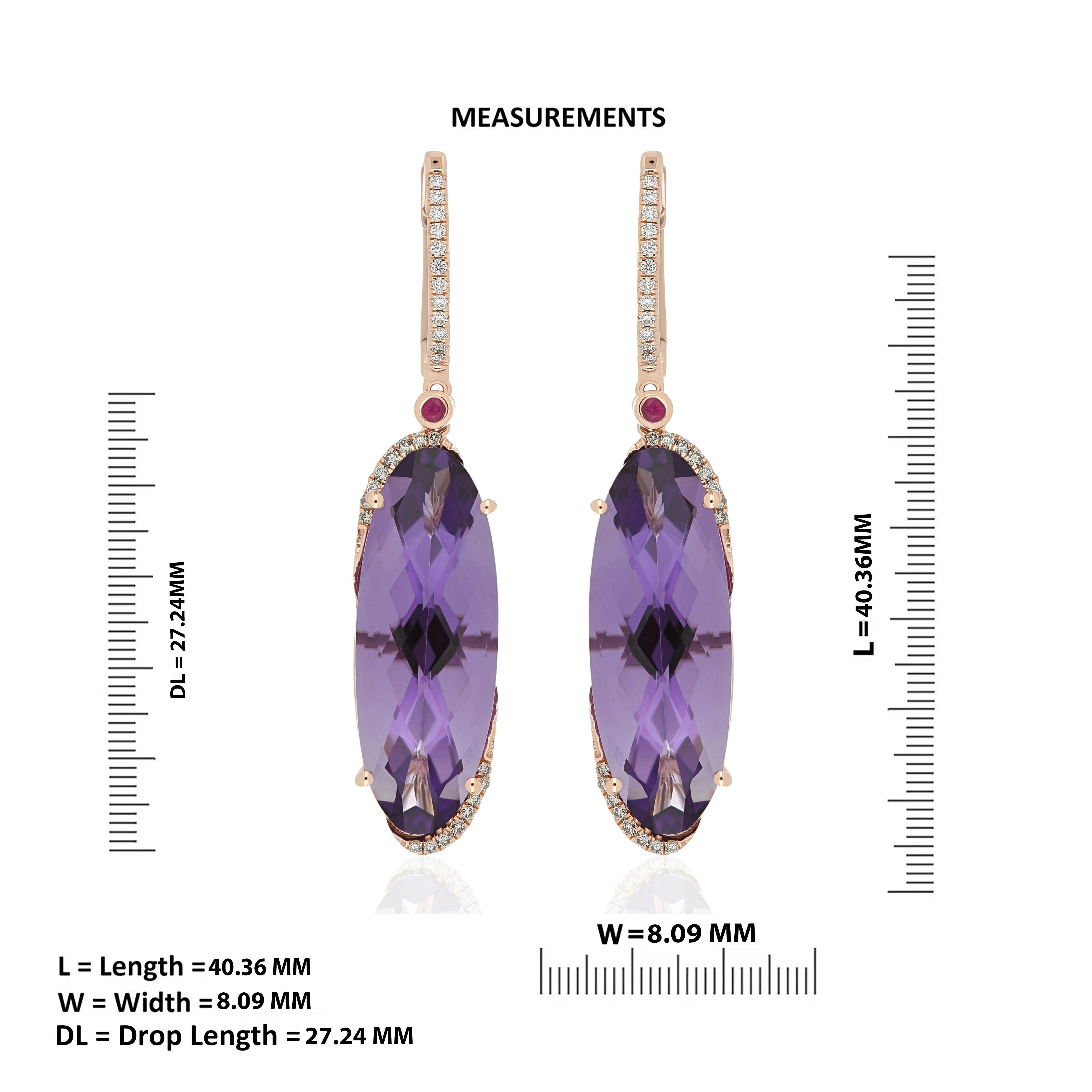 Women's Amethyst, Ruby and Diamond Studded Earring 14 Karat Yellow Gold For Sale