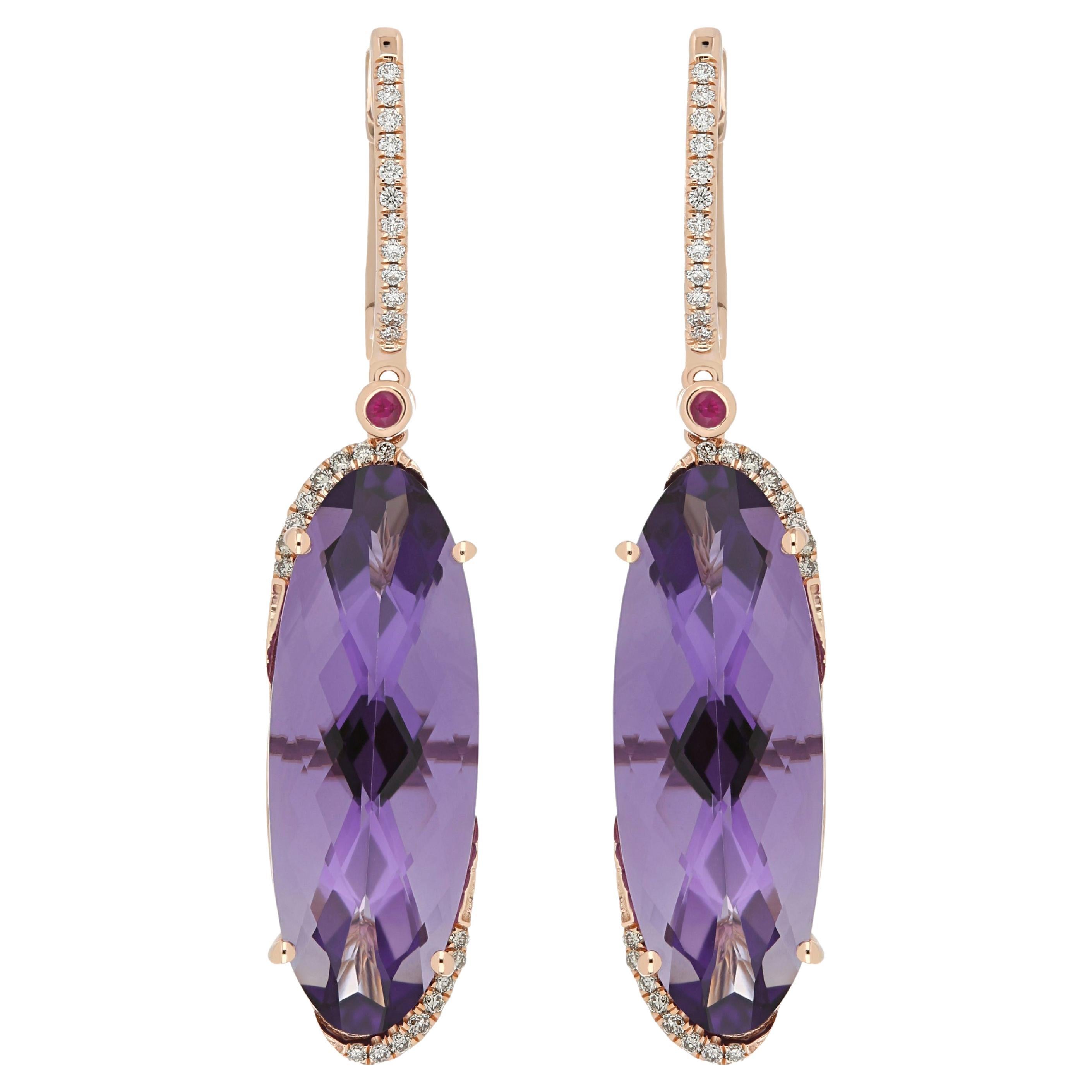 Amethyst, Ruby and Diamond Studded Earring 14 Karat Yellow Gold For Sale