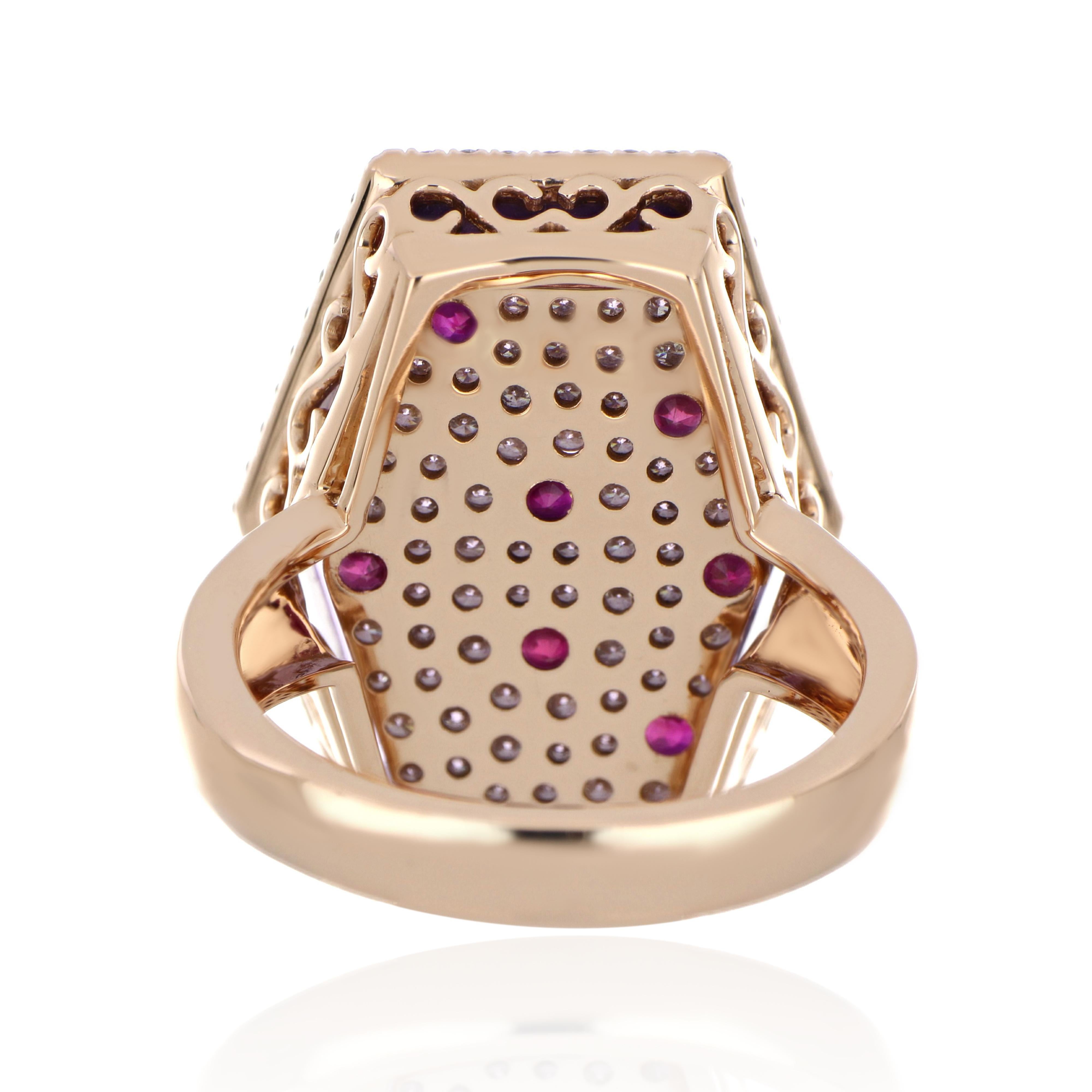 Contemporary Amethyst, Ruby and Diamond Studded Ring in 14 Karat Rose Gold For Sale