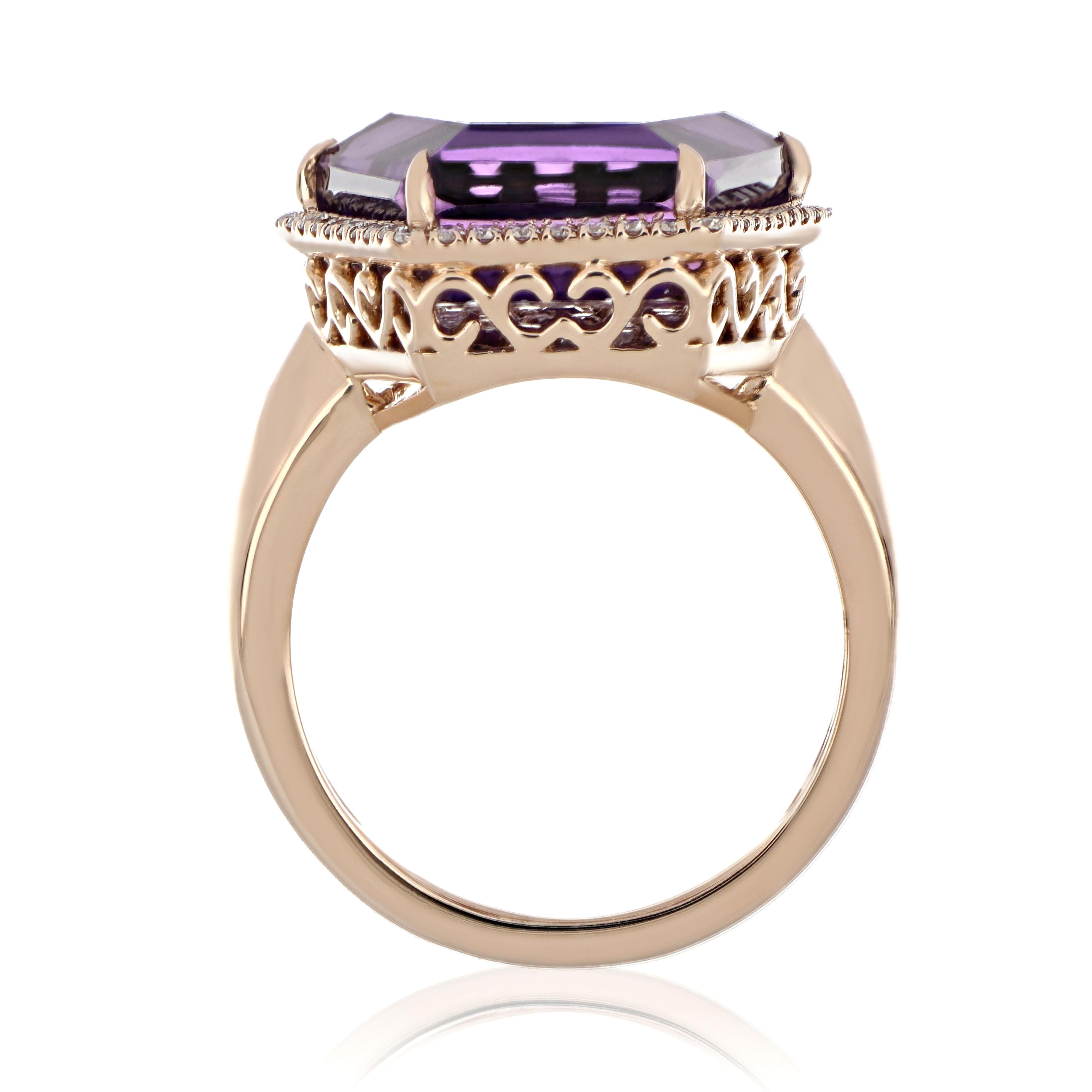 Hexagon Cut Amethyst, Ruby and Diamond Studded Ring in 14 Karat Rose Gold For Sale