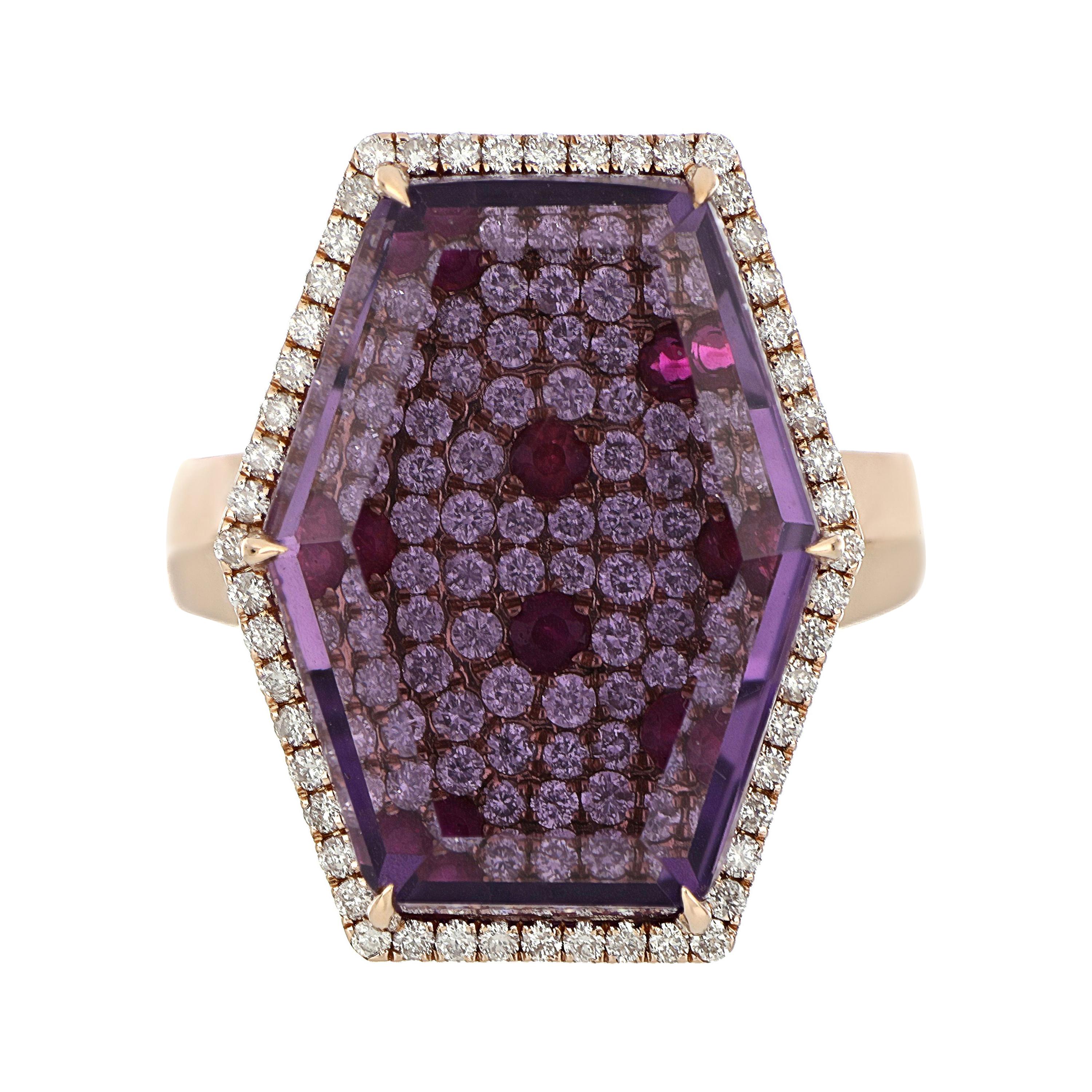 Amethyst, Ruby and Diamond Studded Ring in 14 Karat Rose Gold For Sale
