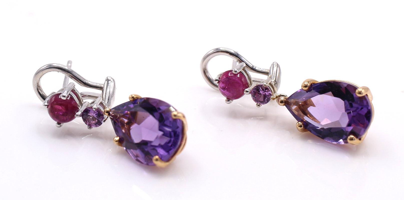 Contemporary Amethyst  Ruby and Pink Sapphire 18 Karat Gold Pendant Earrings For Sale