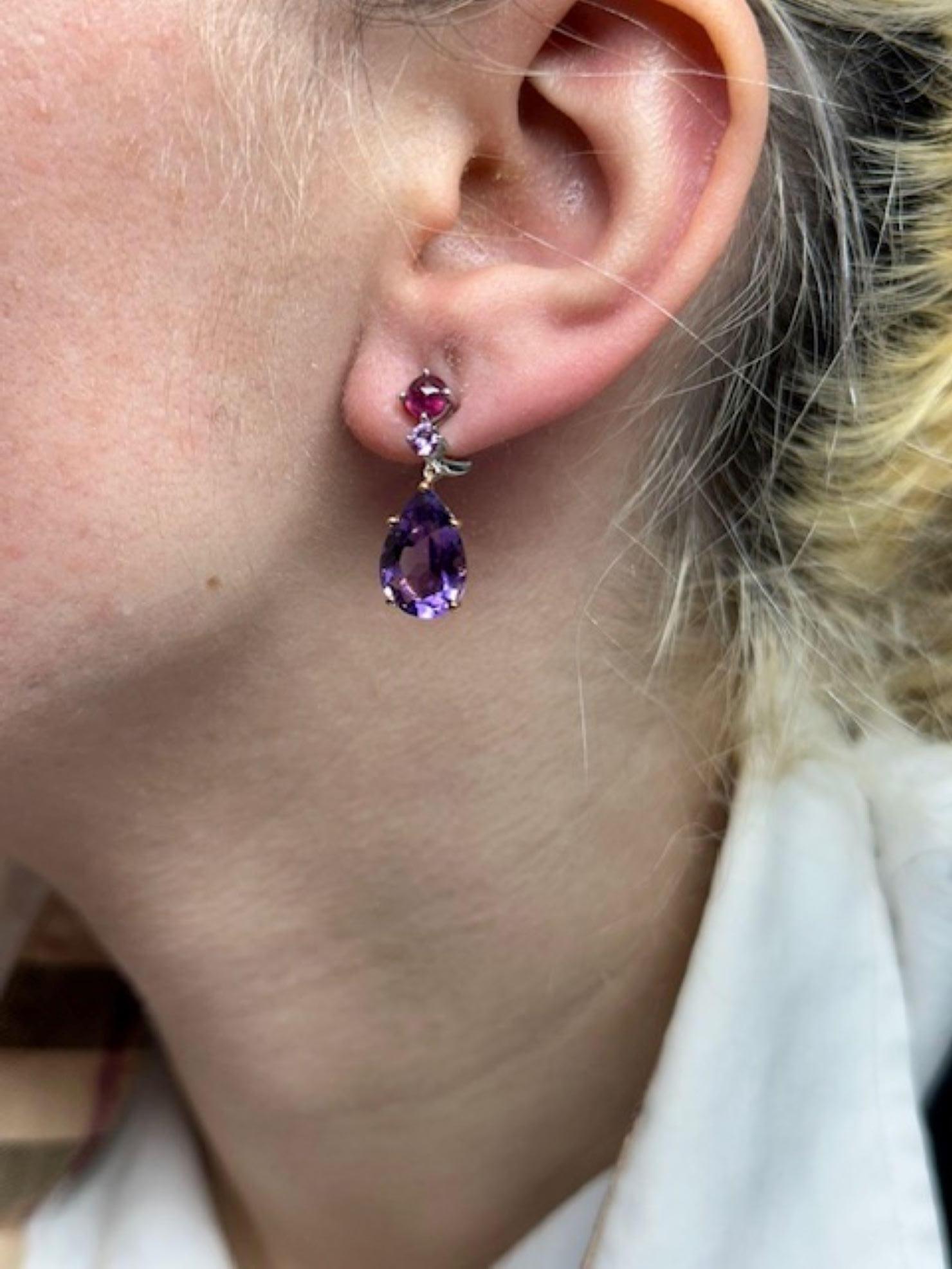 Amethyst  Ruby and Pink Sapphire 18 Karat Gold Pendant Earrings In New Condition For Sale In New York, NY