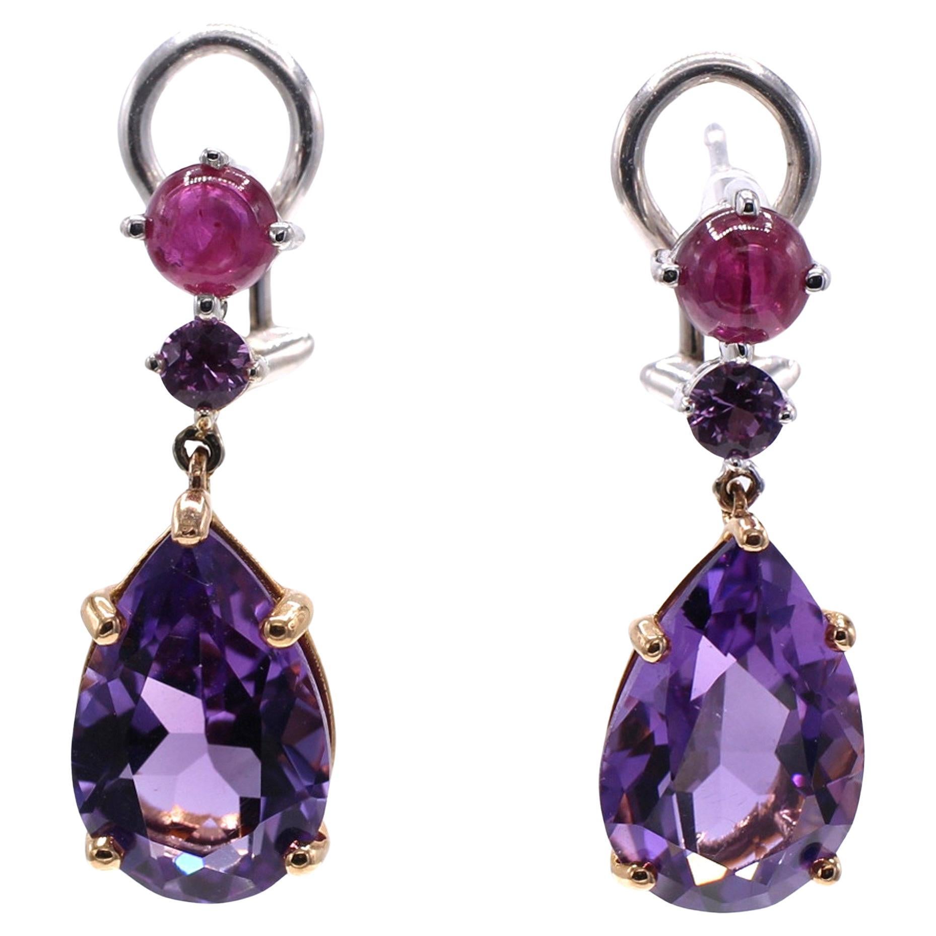 Amethyst  Ruby and Pink Sapphire 18 Karat Gold Pendant Earrings