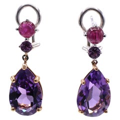Amethyst  Ruby and Pink Sapphire 18 Karat Gold Pendant Earrings
