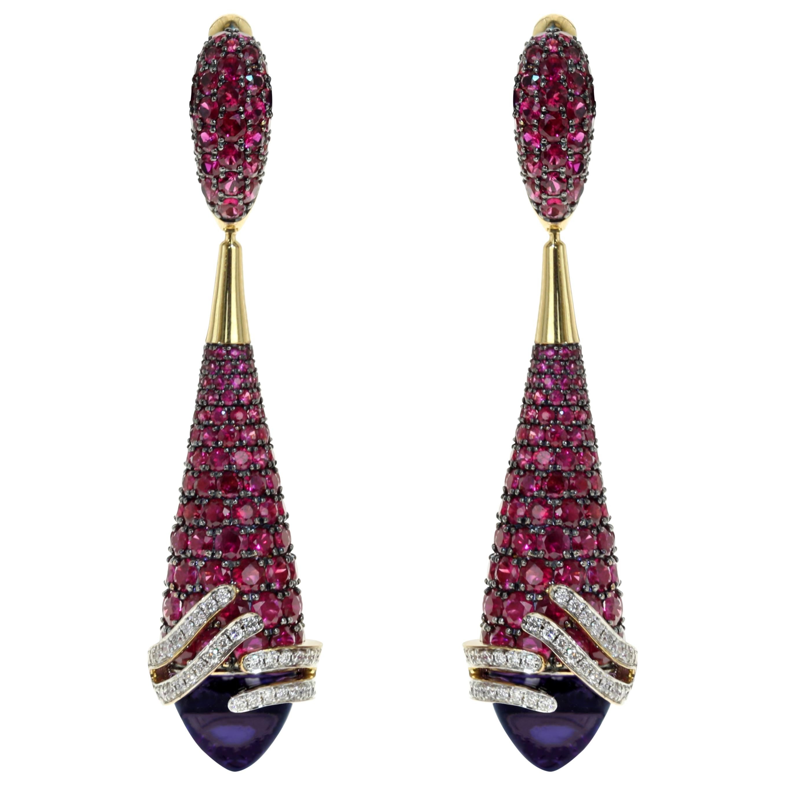 Amethyst 8.87 Carat Ruby Diamond 18 Karat Yellow Gold Earrings For Sale