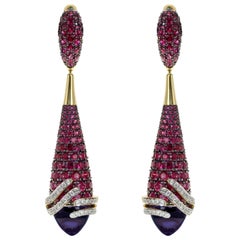 Boucles d'oreilles en or jaune 18 carats avec améthyste, rubis et diamants de 8,87 carats