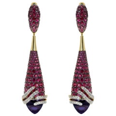 Amethyst 8.87 Carat Ruby Diamond 18 Karat Yellow Gold Earrings