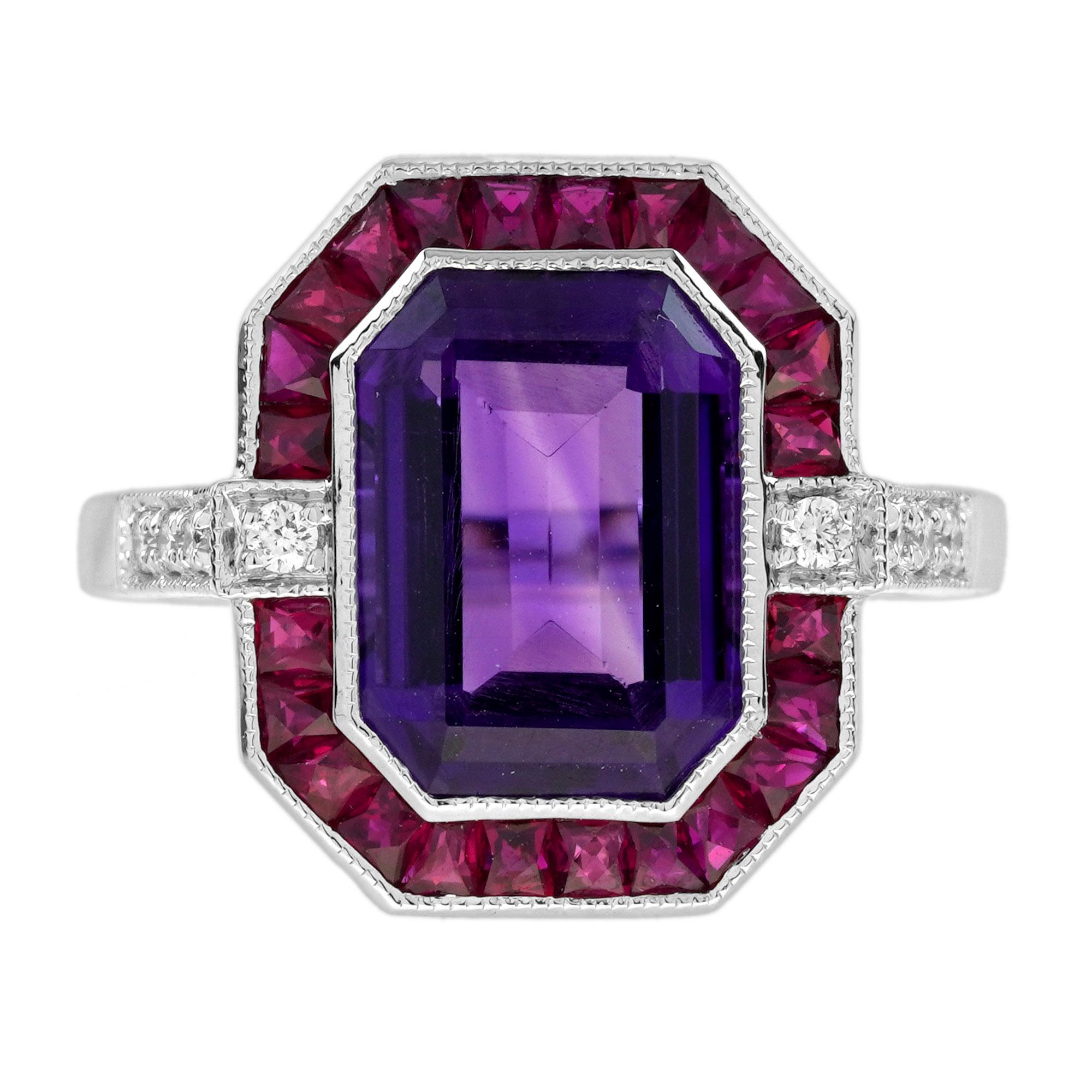 Celebrate-Ring aus 14 Karat Weißgold mit Amethyst, Rubin und Diamant im Art-déco-Stil () 7