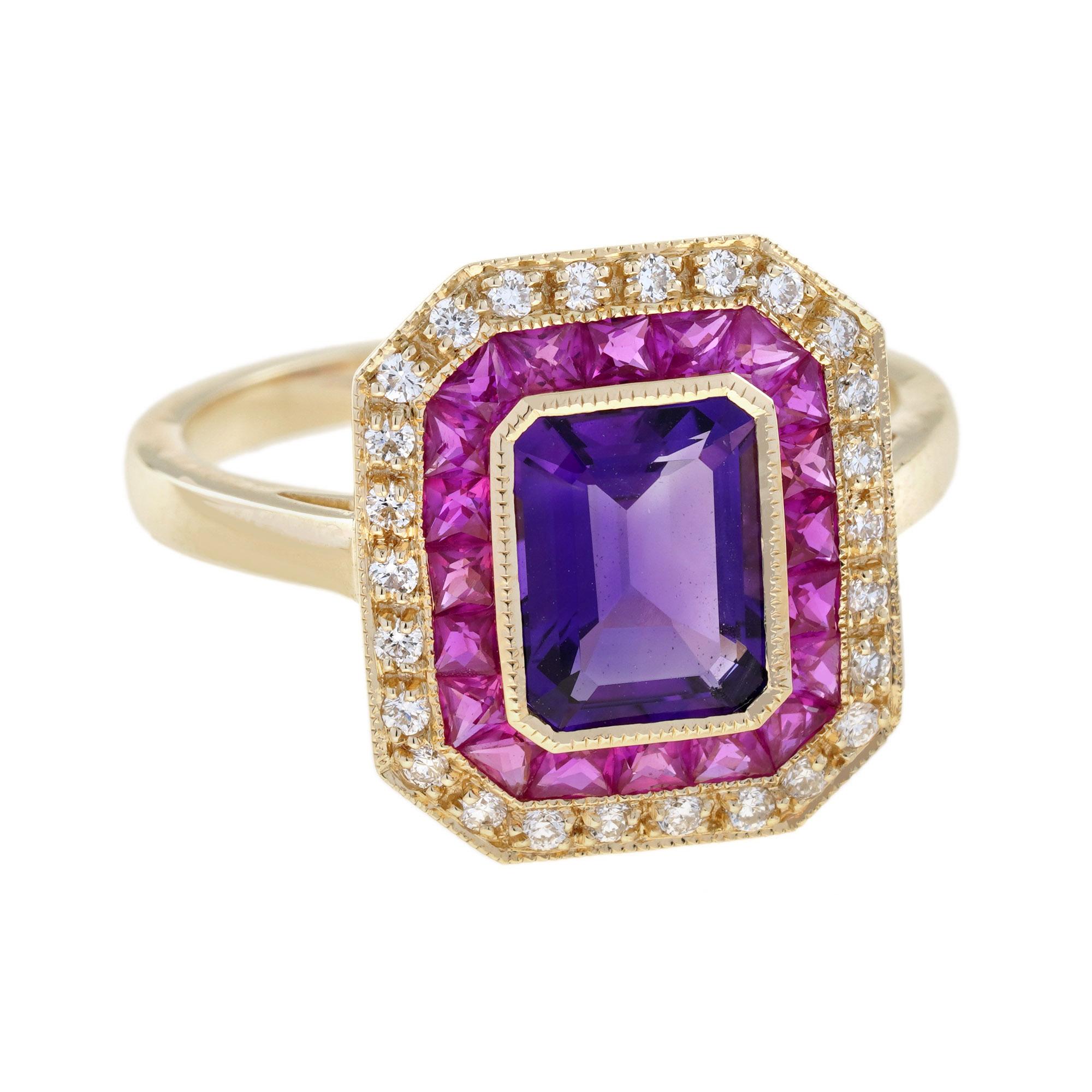 Art déco Améthyste Rubis Diamant Bague Art Déco en or jaune 14K en vente