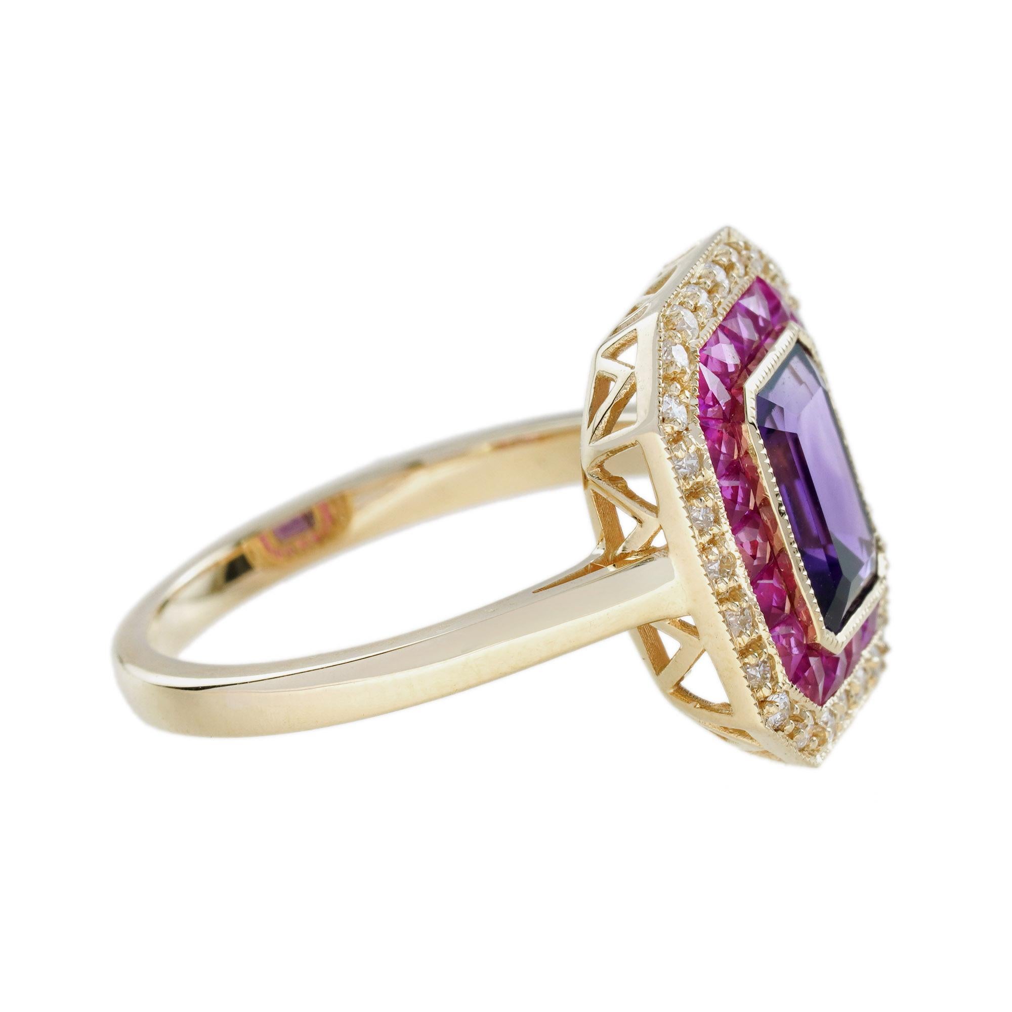 Taille émeraude Améthyste Rubis Diamant Bague Art Déco en or jaune 14K en vente