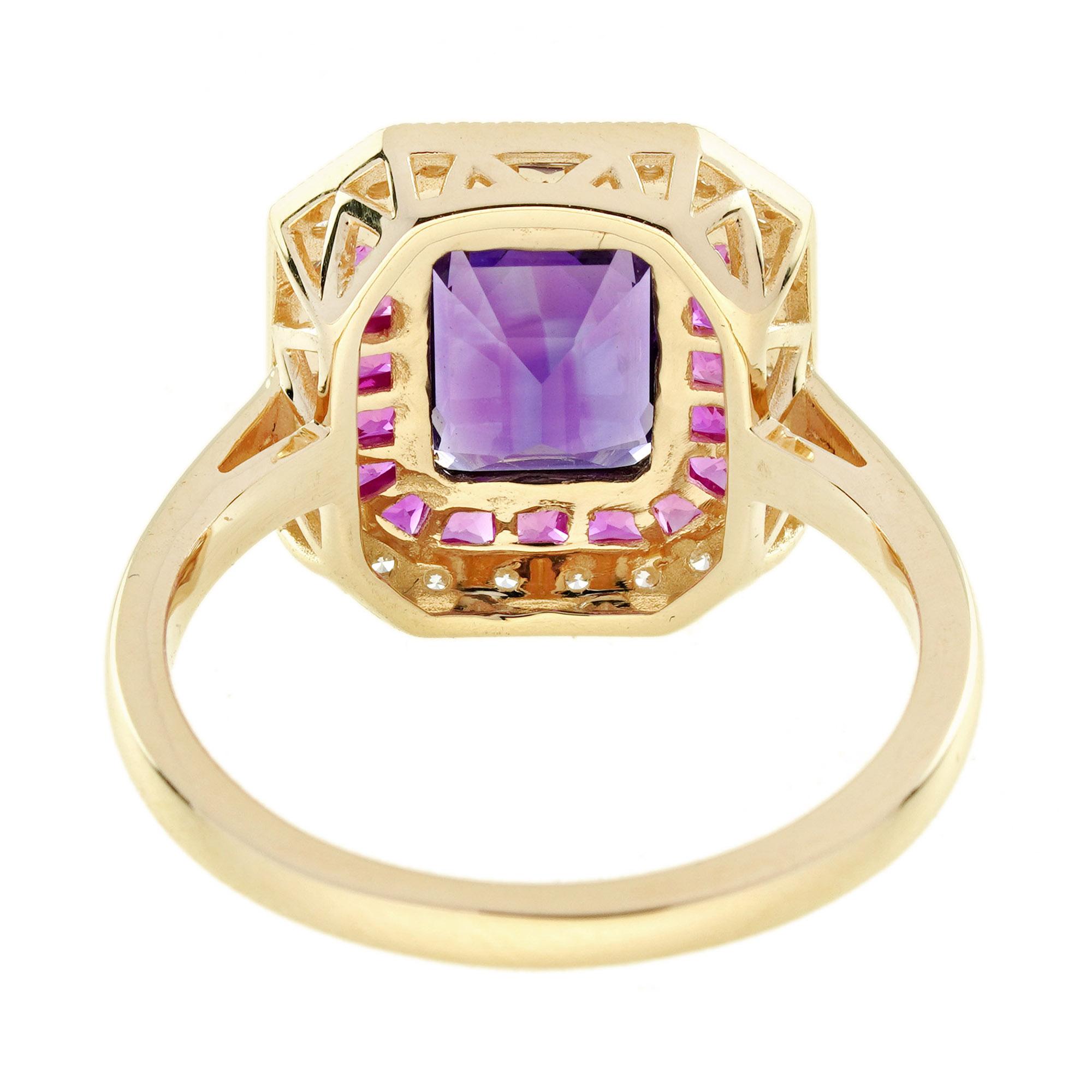 Améthyste Rubis Diamant Bague Art Déco en or jaune 14K Neuf - En vente à Bangkok, TH