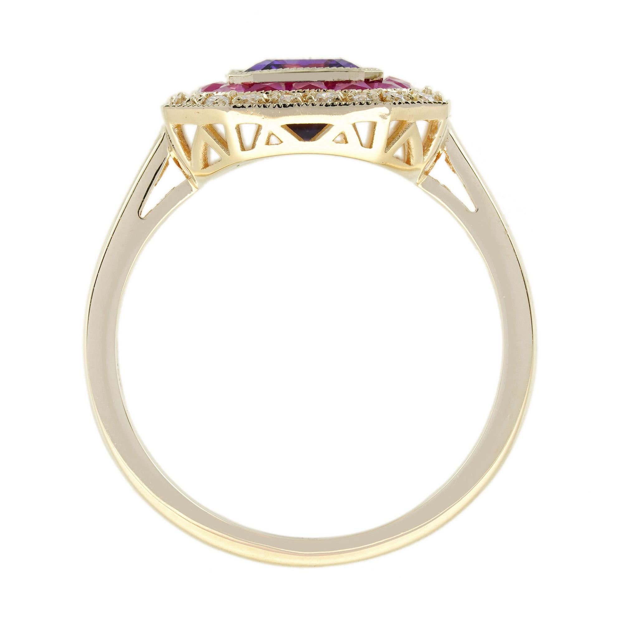 Améthyste Rubis Diamant Bague Art Déco en or jaune 14K Pour femmes en vente