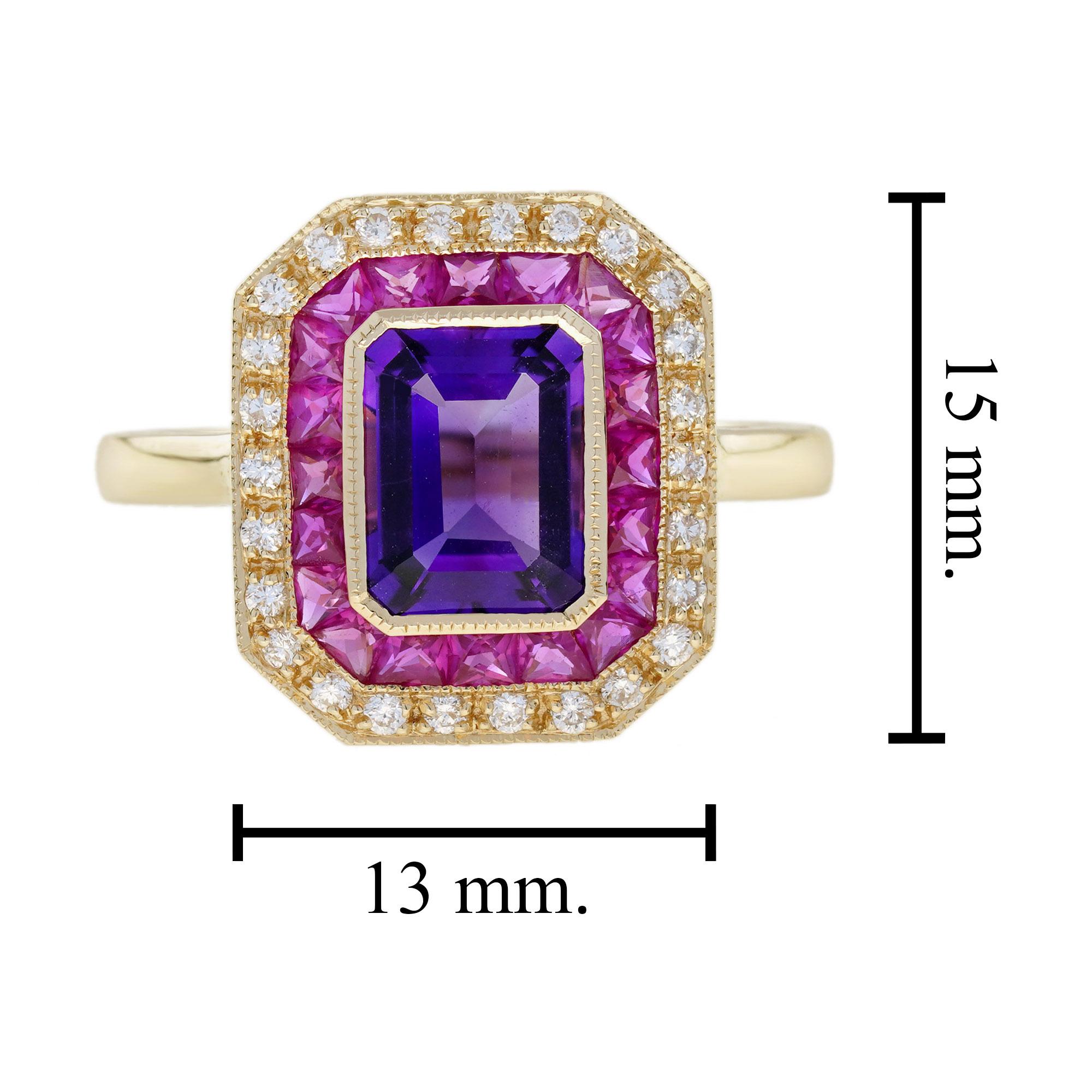 Améthyste Rubis Diamant Bague Art Déco en or jaune 14K en vente 1