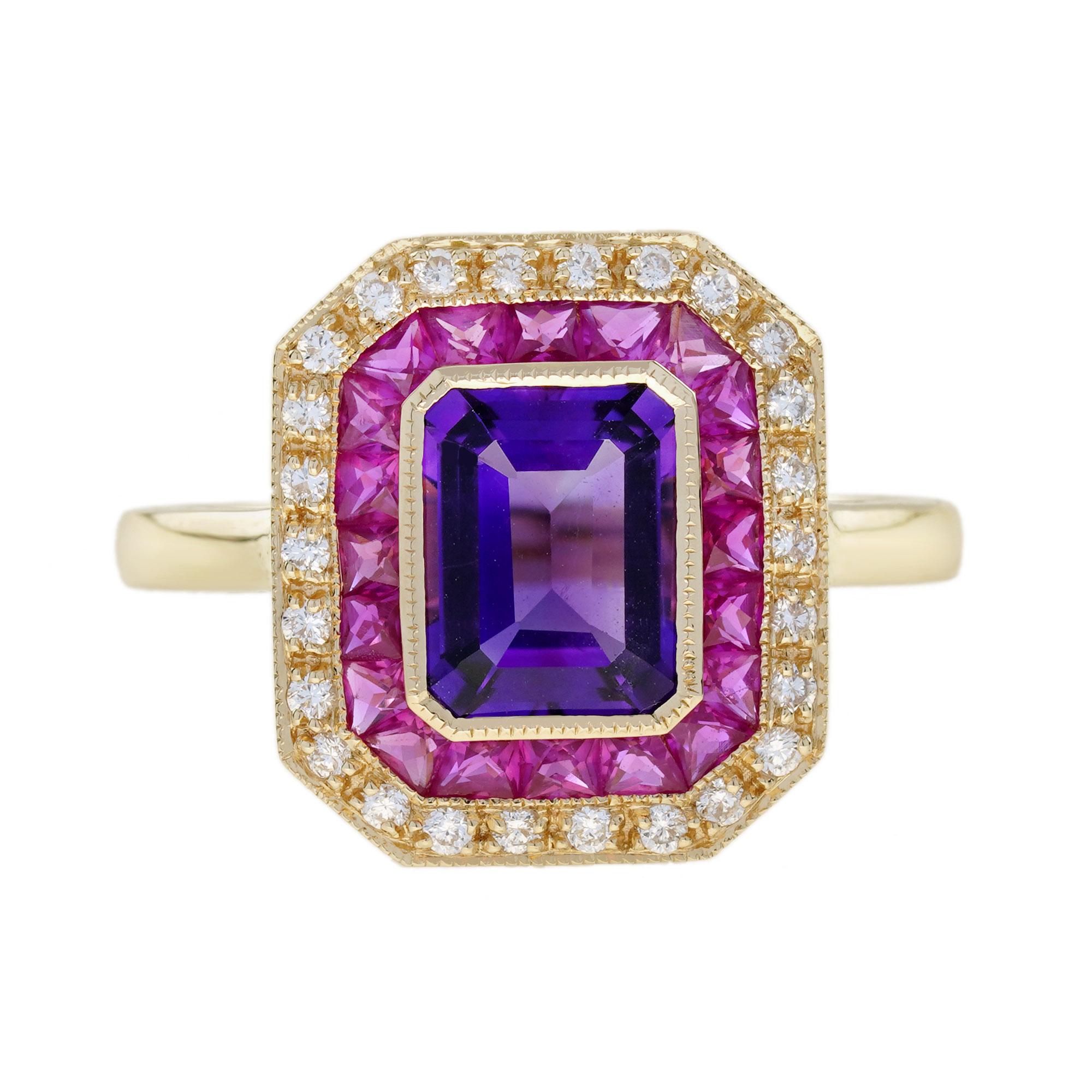 Amethyst Ruby Diamond Art Deco Style Ring in 14K Yellow Gold