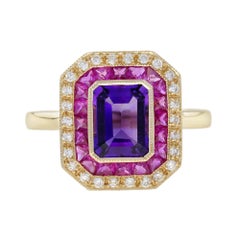 Amethyst Ruby Diamond Art Deco Style Ring in 14K Yellow Gold