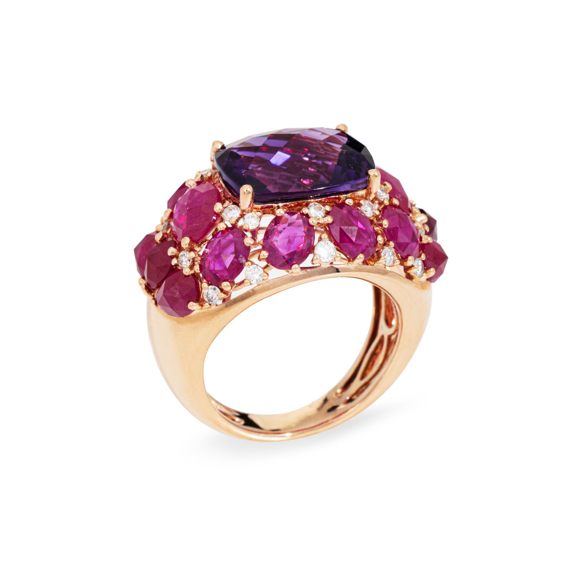 Stylish contemporary amethyst, ruby and diamond band crafted in 18 karat rose gold. 

Checkerboard faceted amethyst measures 12mm x 10mm. Checkerboard faceted rubies graduate in size from 4mm to 6mm. Diamonds total an estimated 0.24 carats