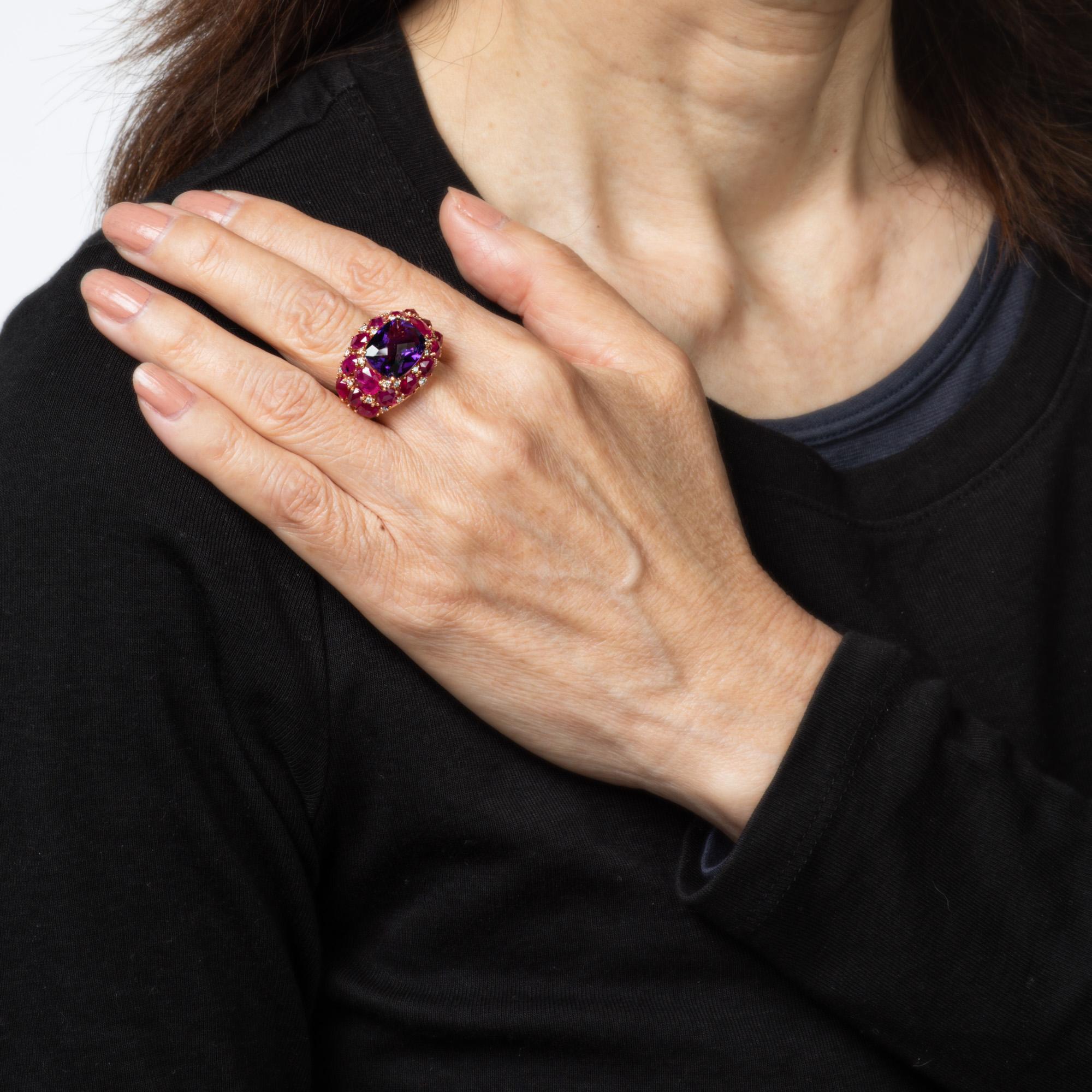 Women's Amethyst Ruby Diamond Ring Sz 5.5 Estate 18k Rose Gold Band Gemstone Jewelry For Sale