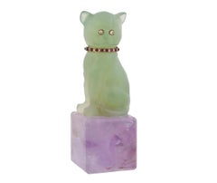 Amethyst, Rubin, Diamanten und geschnitzte Jade Katzenfigur