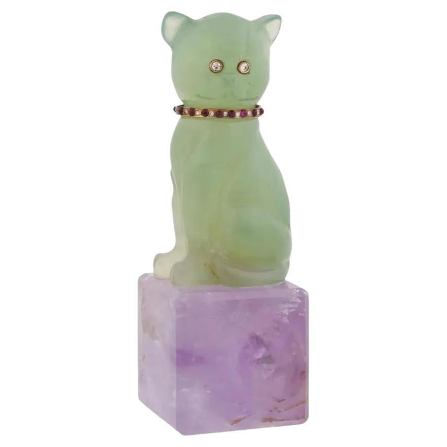 Figure de chat en améthyste, rubis, diamants et jade sculpté