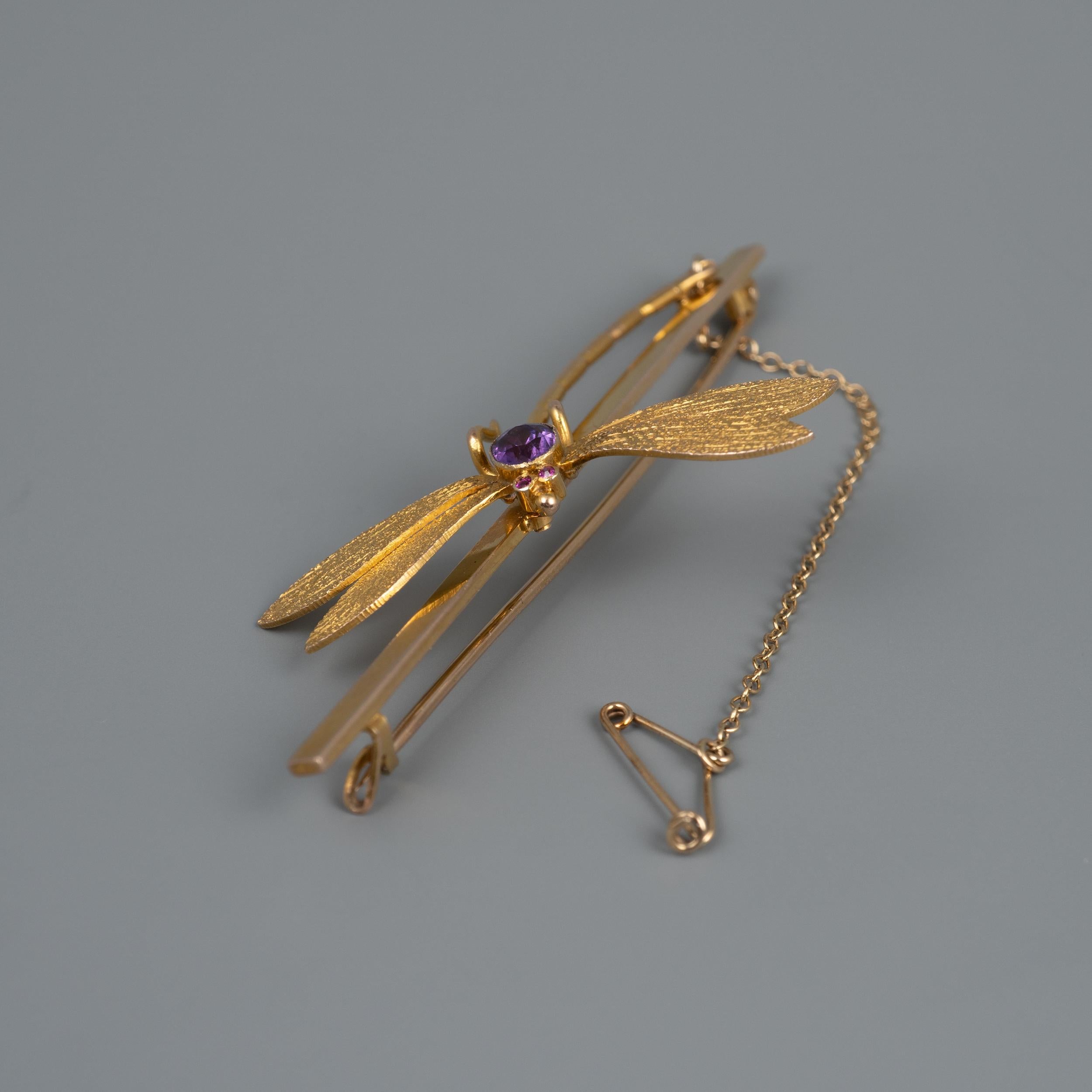 Amethyst Ruby Dragonfly Brooch Yellow Gold Vintage Jewelry For Sale 1