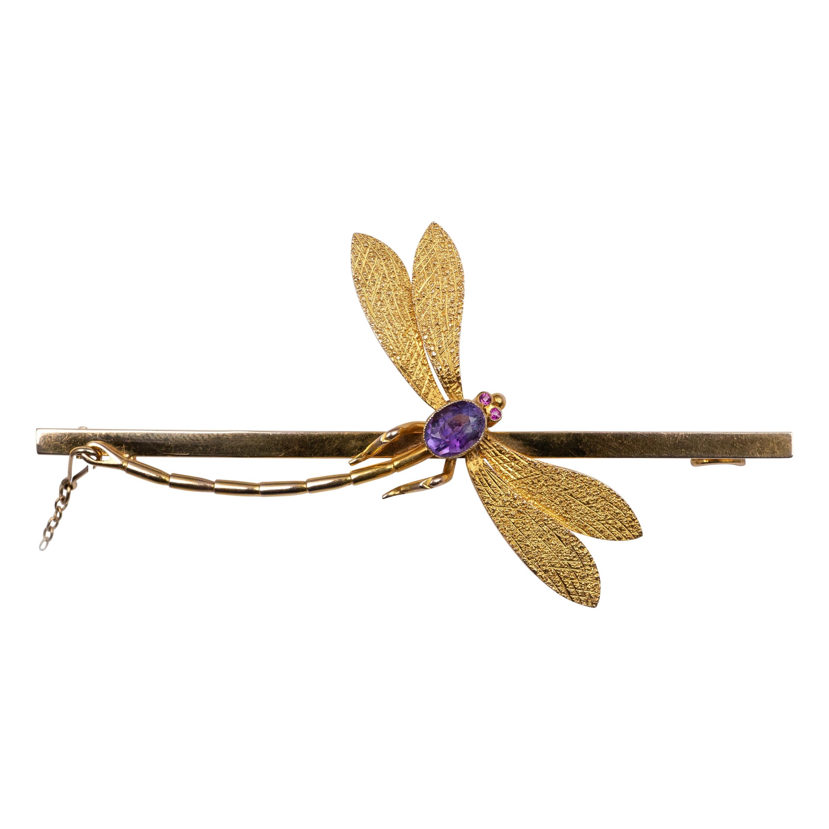 Amethyst Ruby Dragonfly Brooch Yellow Gold Vintage Jewelry For Sale