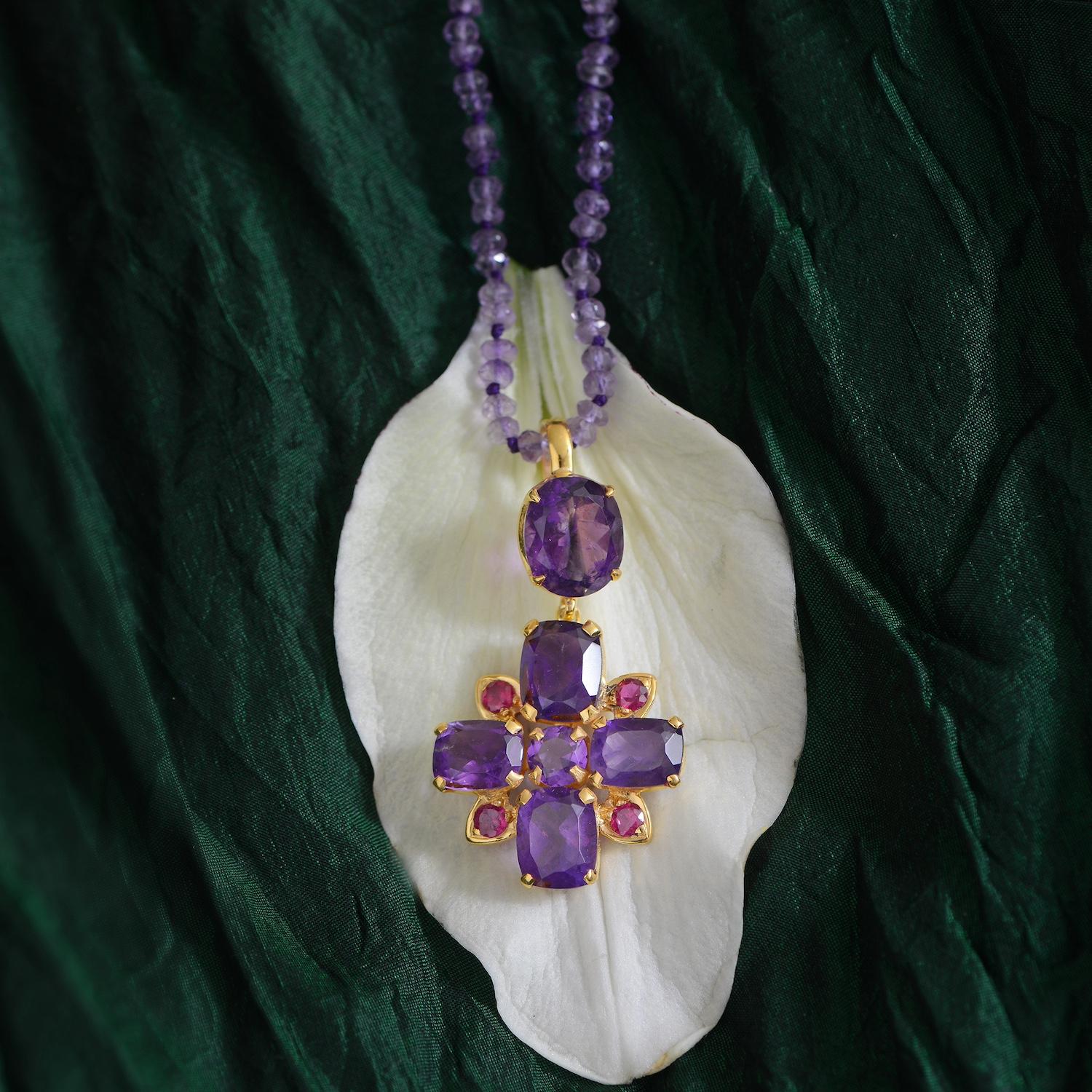 Contemporary Amethyst Ruby Gold Plate Cross Pendant For Sale