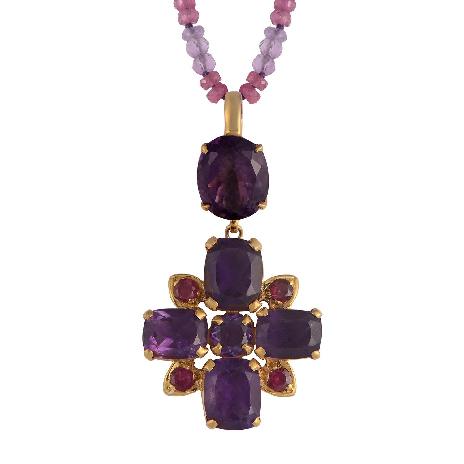 Emerald Cut Amethyst Ruby Gold Plate Cross Pendant For Sale