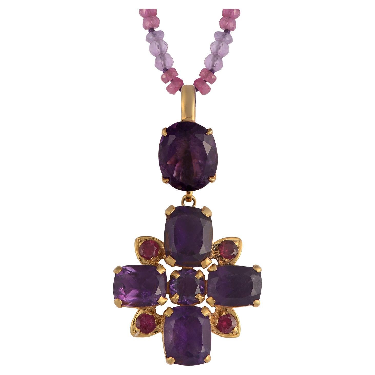 Colgante Cruz de Oro con Amatista y Rubí