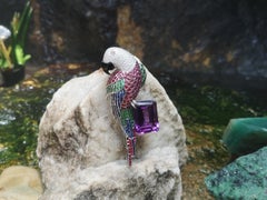 Amethyst, Ruby, Sapphire, Tsavorite, Diamond Parrot Brooch in 18K White Gold