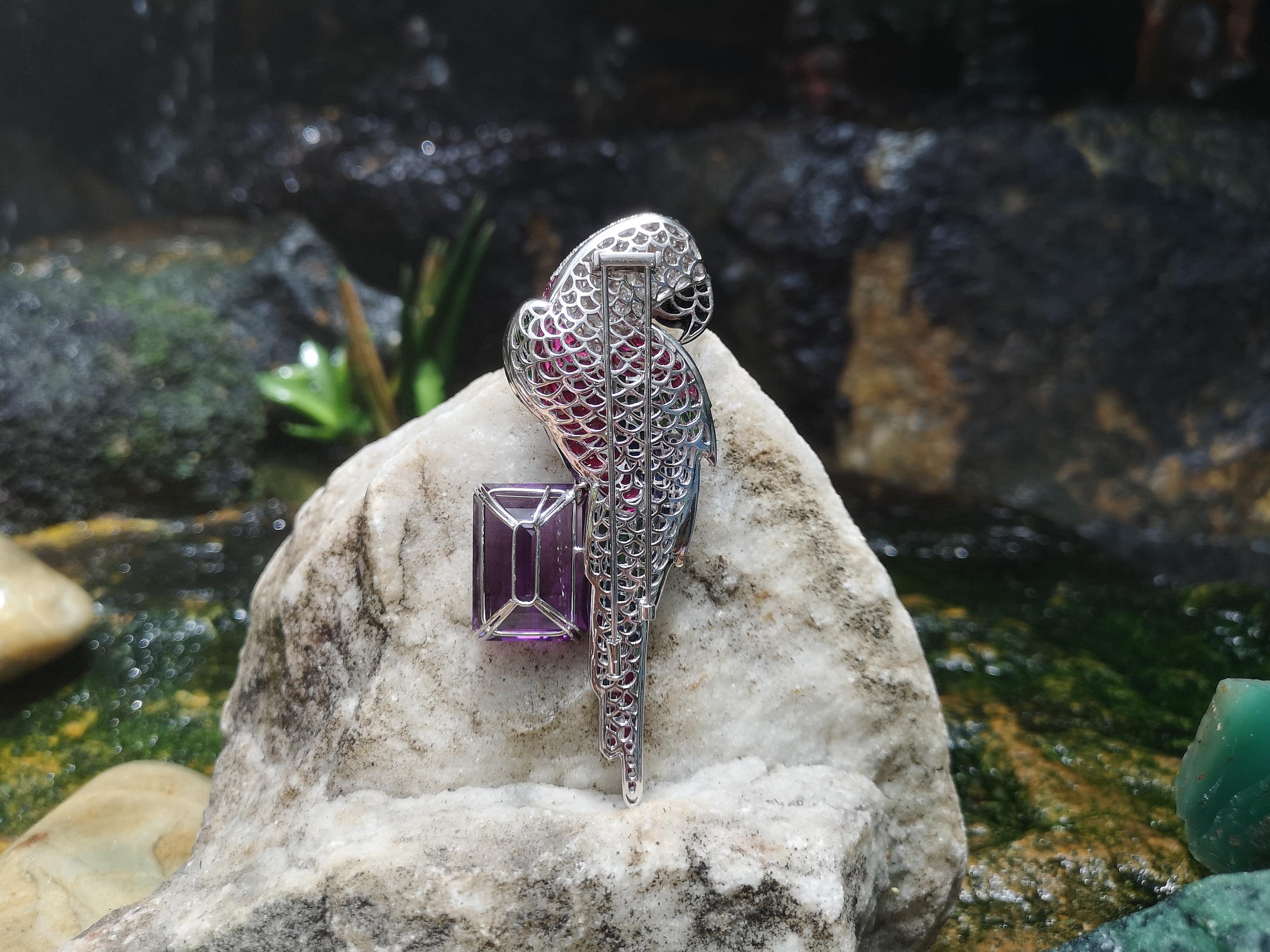 Contemporary Amethyst, Ruby, Sapphire, Tsavorite, Diamond Parrot Brooch in 18K White Gold For Sale