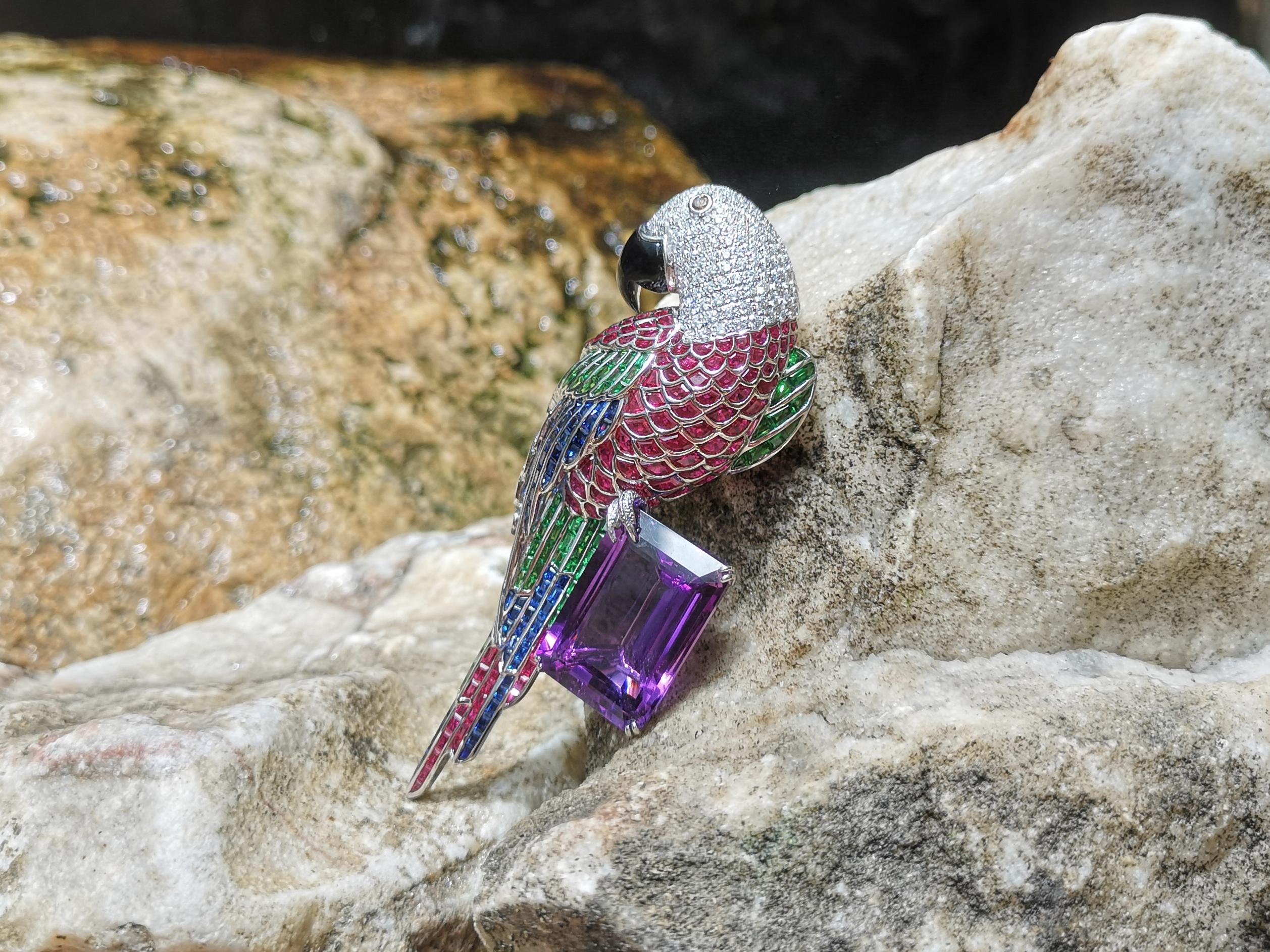 Amethyst, Ruby, Sapphire, Tsavorite, Diamond Parrot Brooch in 18K White Gold In New Condition For Sale In Bangkok, TH
