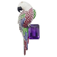 Broche perroquet en or blanc 18 carats avec améthyste, rubis, saphir, tsavorite et diamants