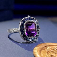 Amethyst Sapphire and Diamond Art Deco Style Engagement Ring in 18K White Gold