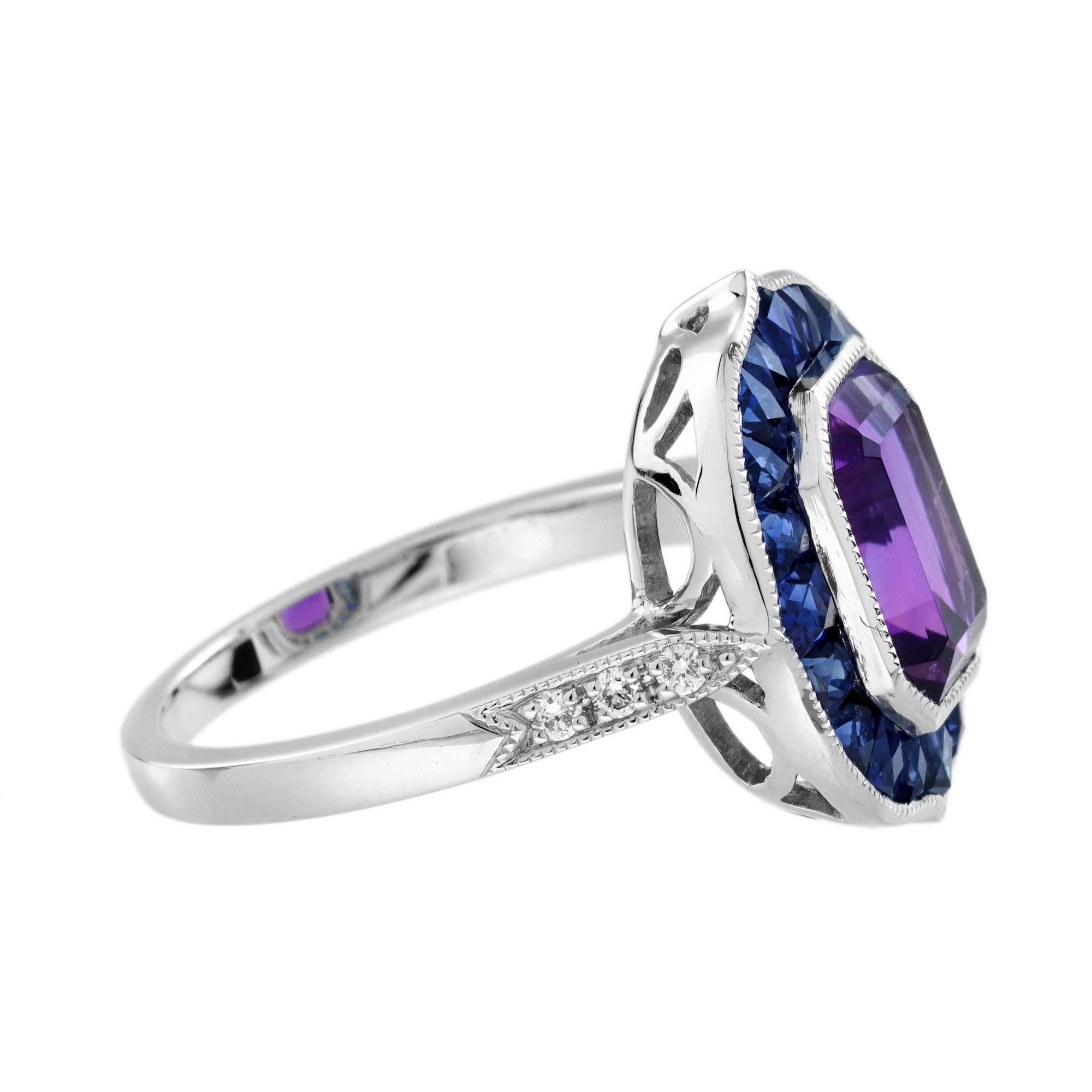 Amethyst Sapphire and Diamond Art Deco Style Engagement Ring in 18K White Gold In New Condition For Sale In Bangkok, TH
