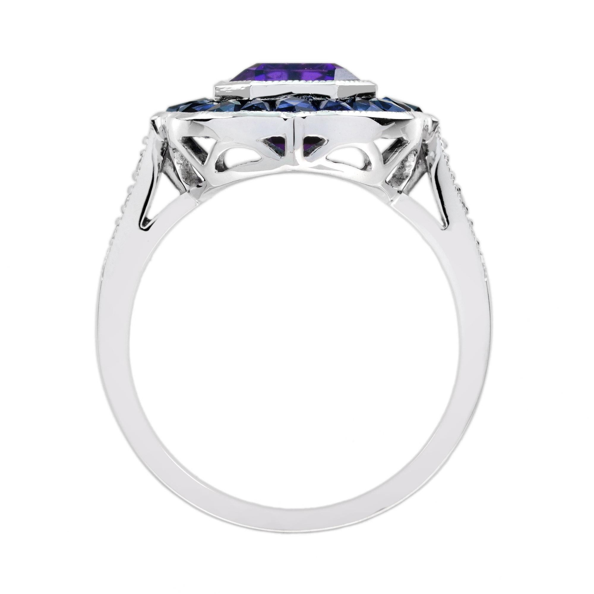 Amethyst Sapphire and Diamond Art Deco Style Engagement Ring in 18K White Gold For Sale 1
