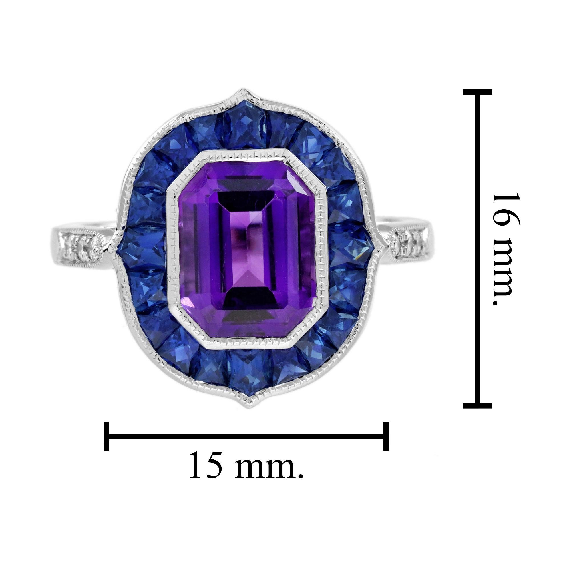 Bague de fiançailles en or blanc 18 carats, améthyste, saphir et diamant de style Art déco en vente 2